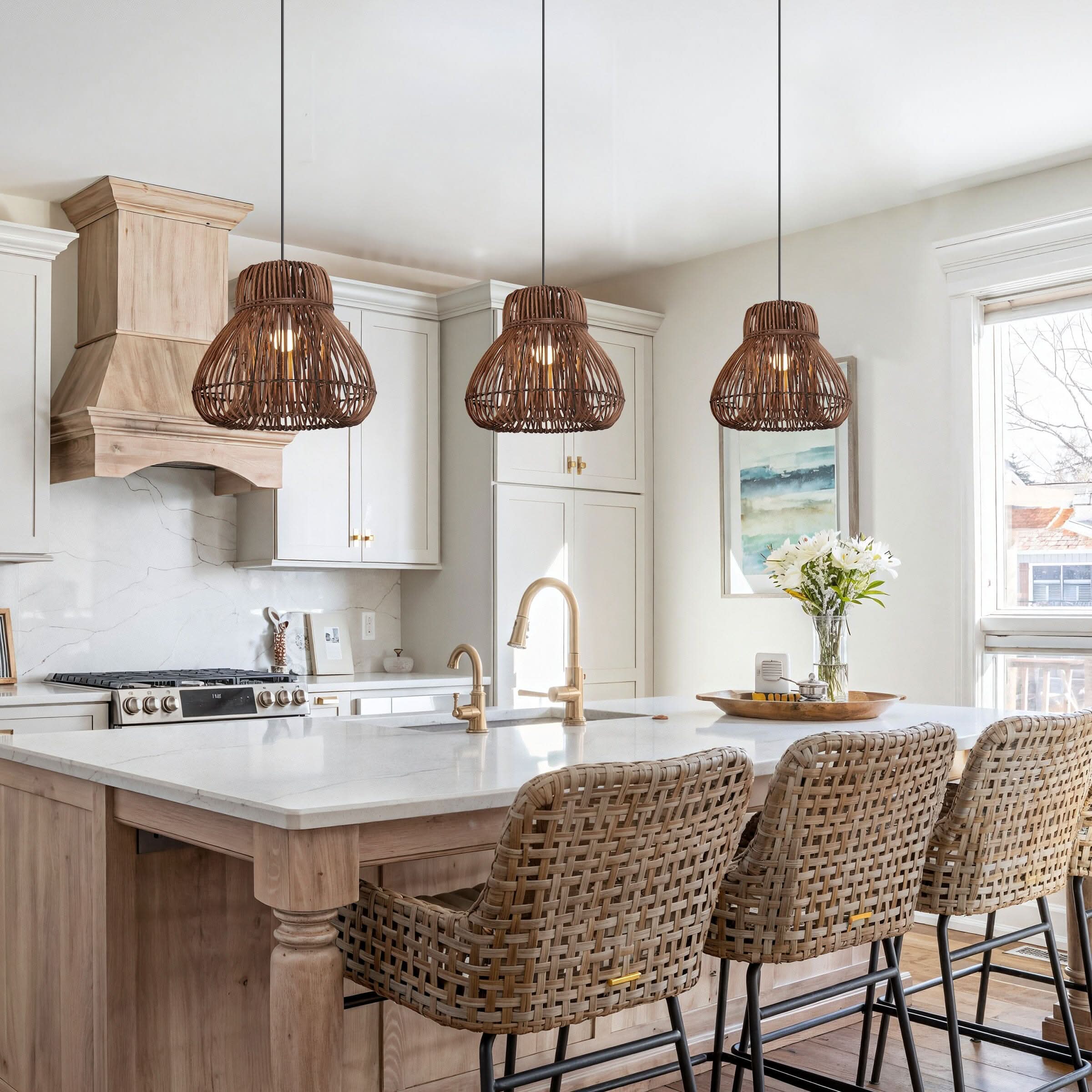 Lightsin Natural Woven Rattan Pendant Light – Handcrafted Rustic Ceiling Light for Dining Rooms, Living Spaces, and Cafés