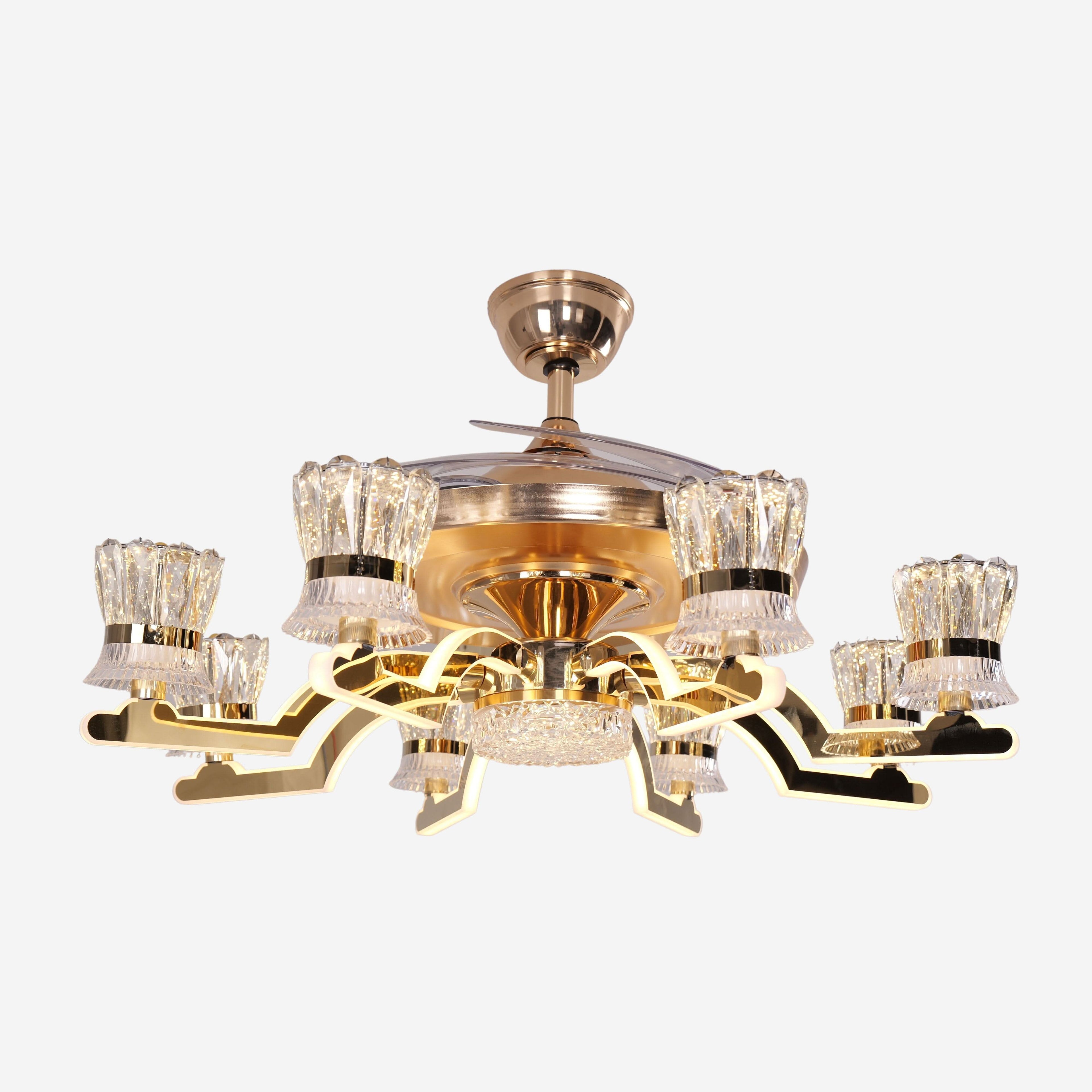 Lightsin Ceiling Fan Light with Gold Copper and Crystal 78cm Elegant Fan Light