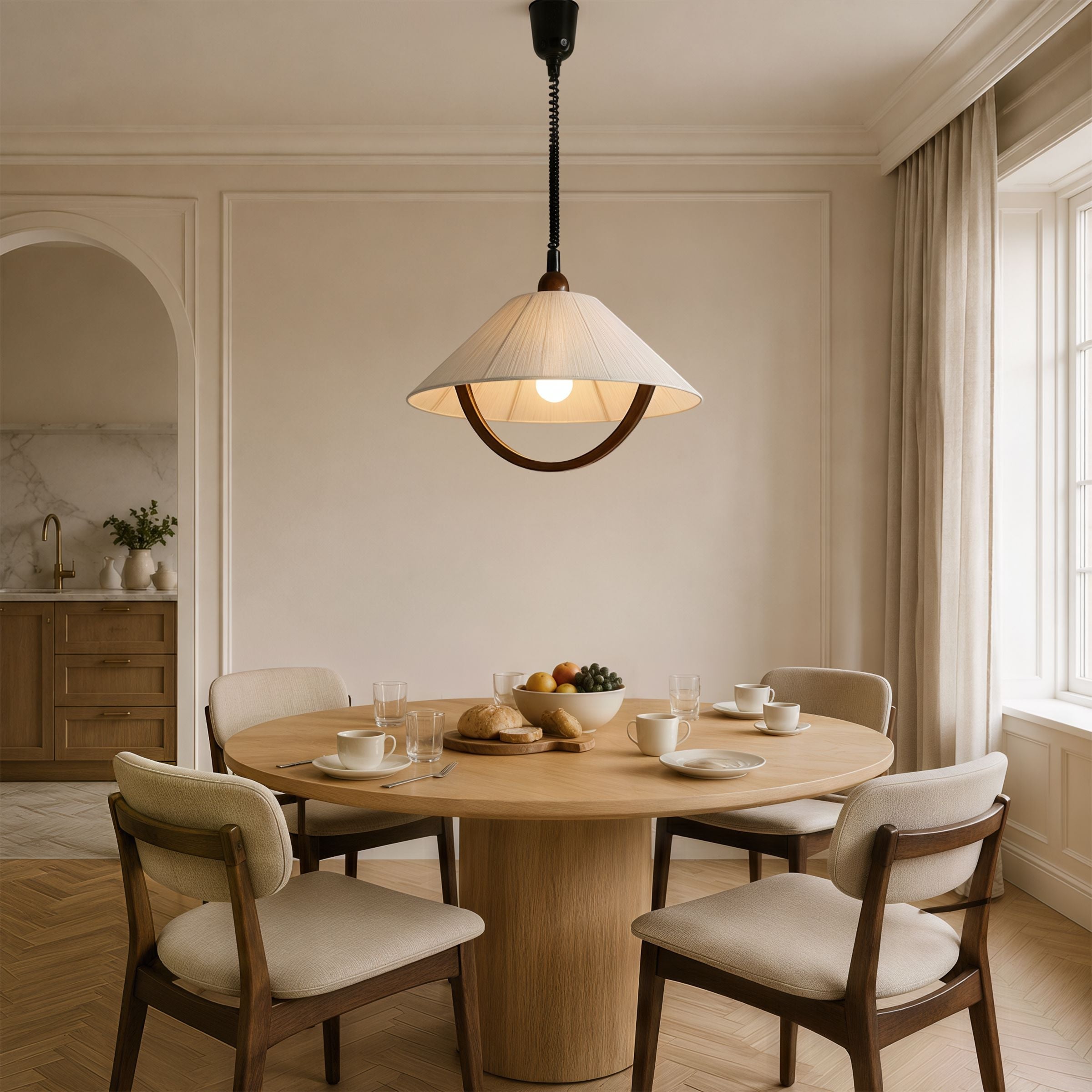 Natural Wood Curved Pendant Light | Cotton Cord Ceiling Lamp