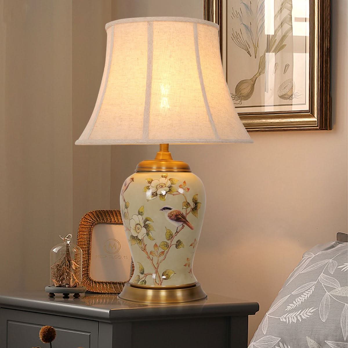 Lightsin Vintage Camellia Ceramic Table Lamp with Copper Base and Fabric Shade