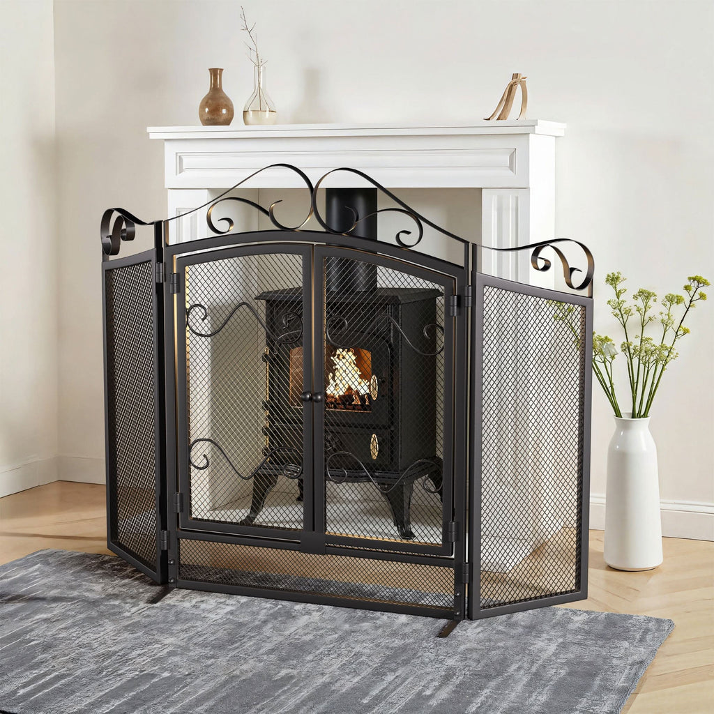 Smallbee Iron Fireplace Screen Black Powder-Coated – 114.7x84x16.5cm