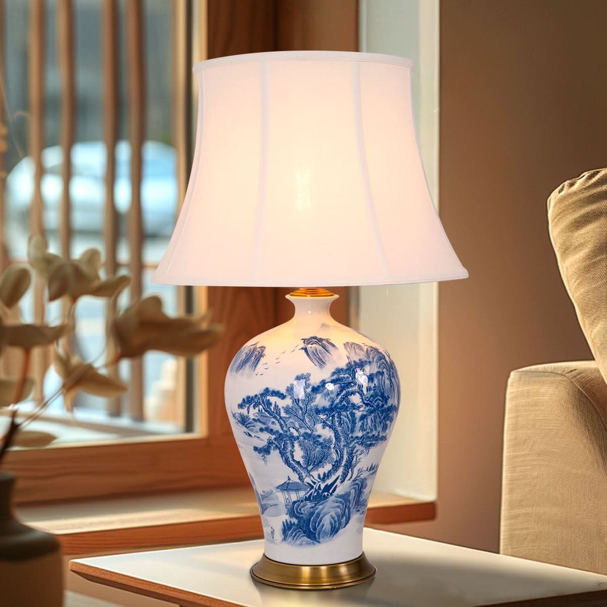 Lightsin Classic Ceramic Desk Lamp Blue and White with Fabric Shade