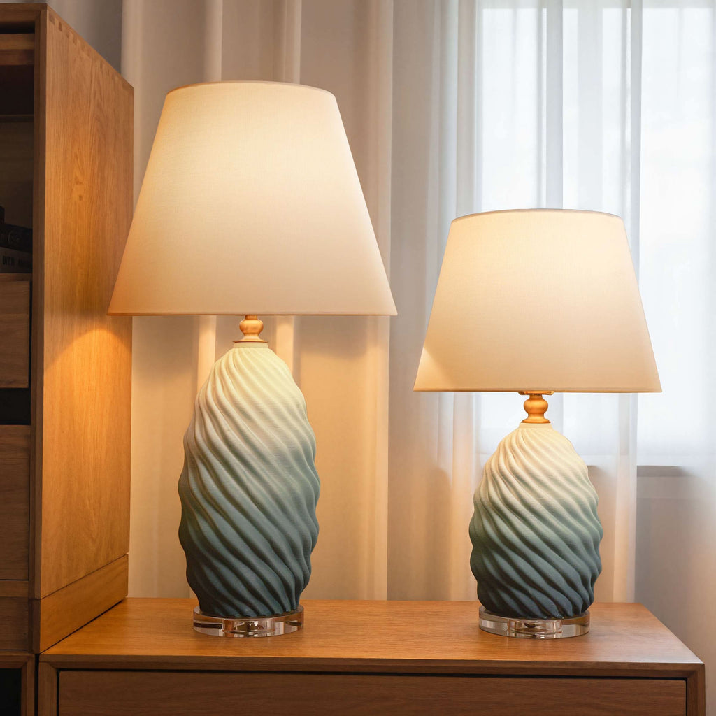 Lightsin 3D Green White Gradient Threaded Ceramic Table Lamp with Fabric Shade