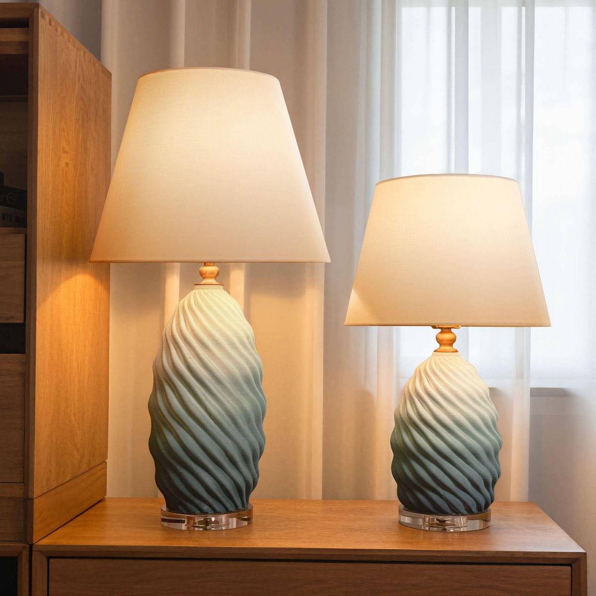 Lightsin 3D Green White Gradient Threaded Ceramic Table Lamp with Fabric Shade