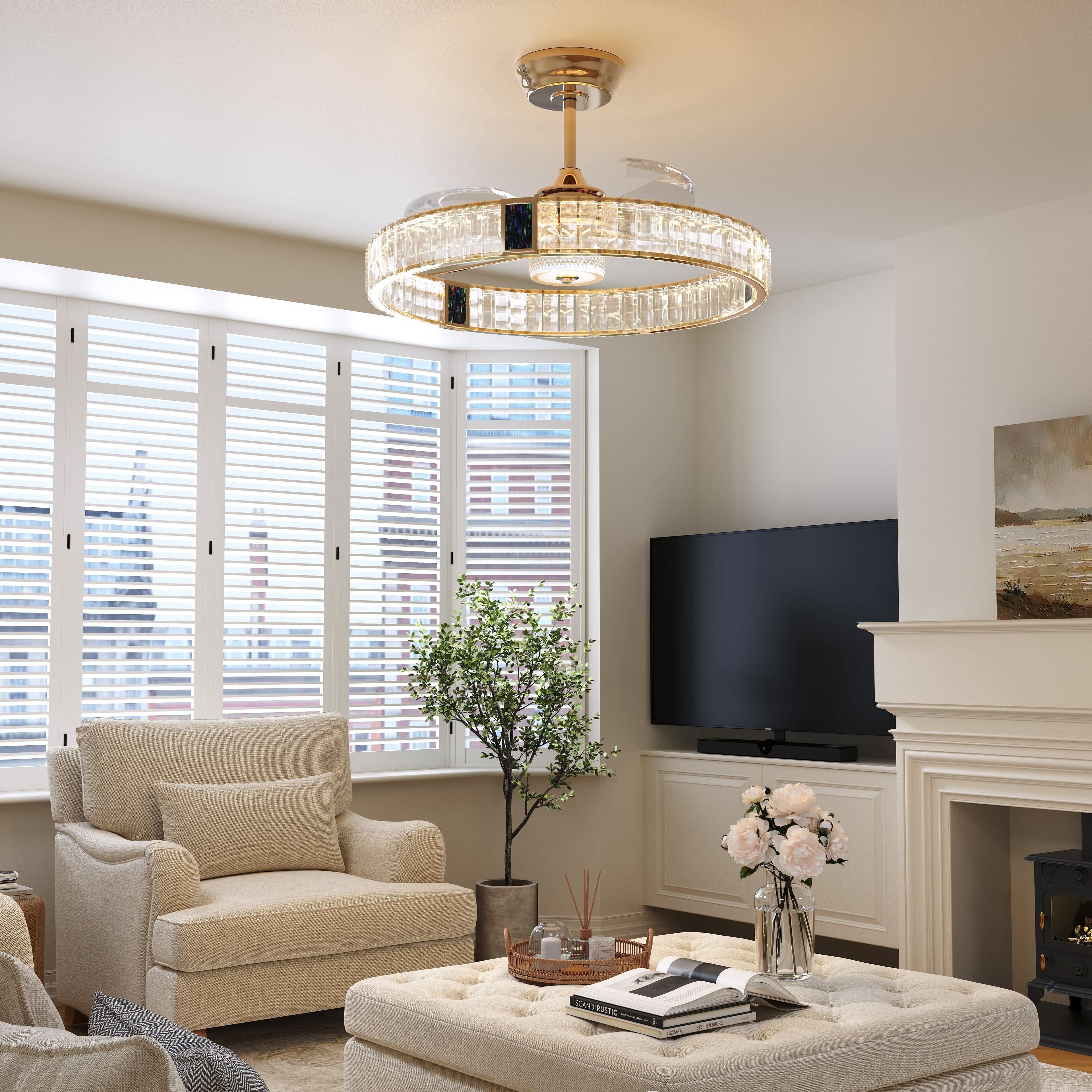 Lightsin 60cm Gold Crystal Ceiling Fan with LED Light, Remote Control & 6 Speeds