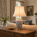 Lightsin Blue Floral Ceramic Table Lamp with Fabric Shade and Brass Base
