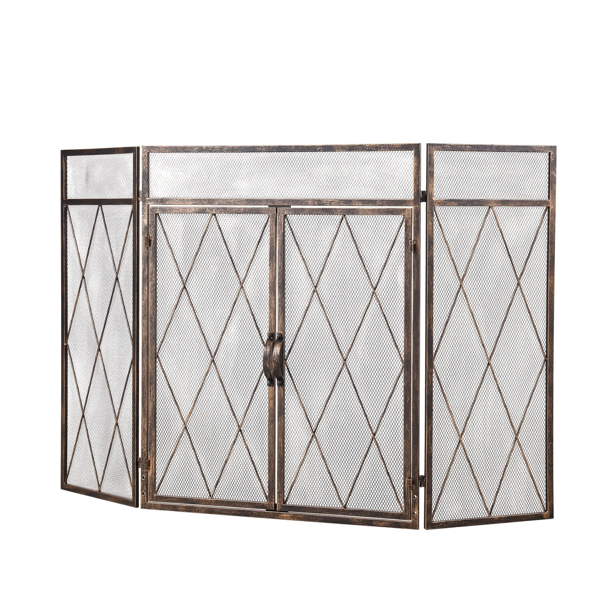Smallbee Triple-Fold Iron Fireplace Screen Antique Copper Powder-Coated – 127x13x81cm