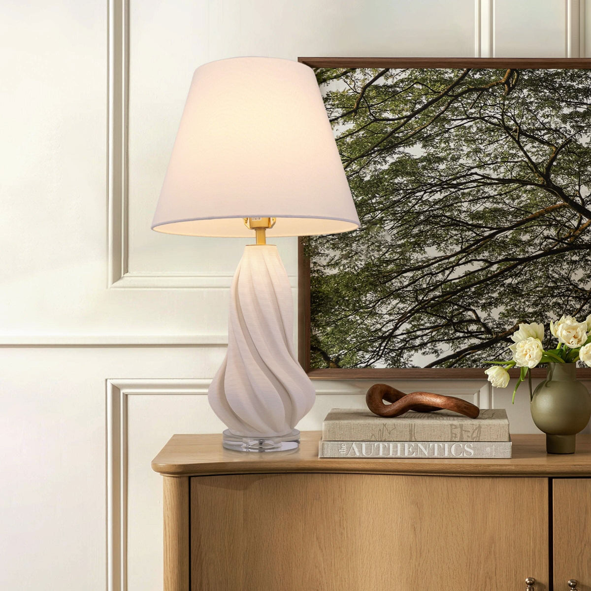 ‍Lightsin 3D Pure White Ceramic Spiral Vase Table Lamp with Fabric Shade (100% off)