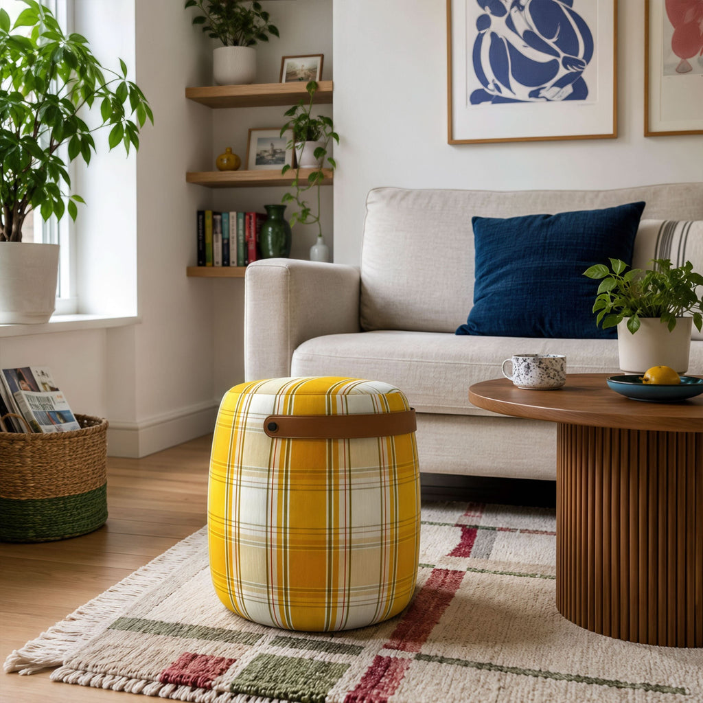 Haven British Check Round Pouffe Footstool with Leather Handle