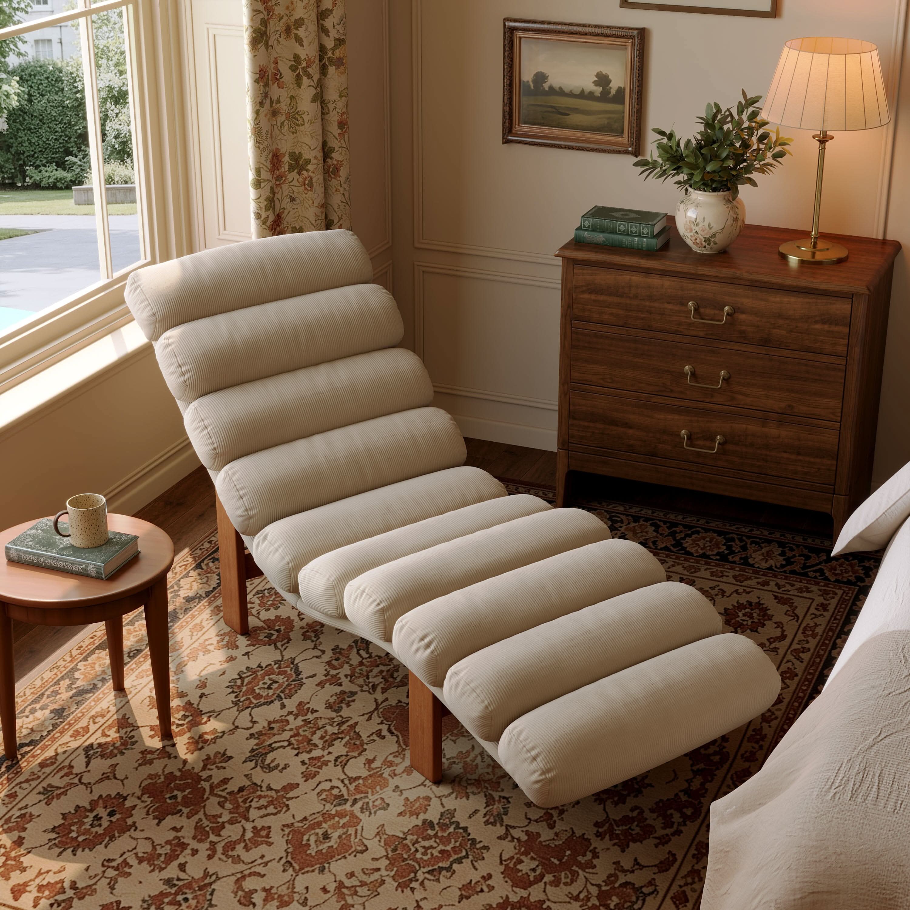 Cottonfy Modern Ergonomic Corduroy Chaise Lounge with Natural Wooden Frame