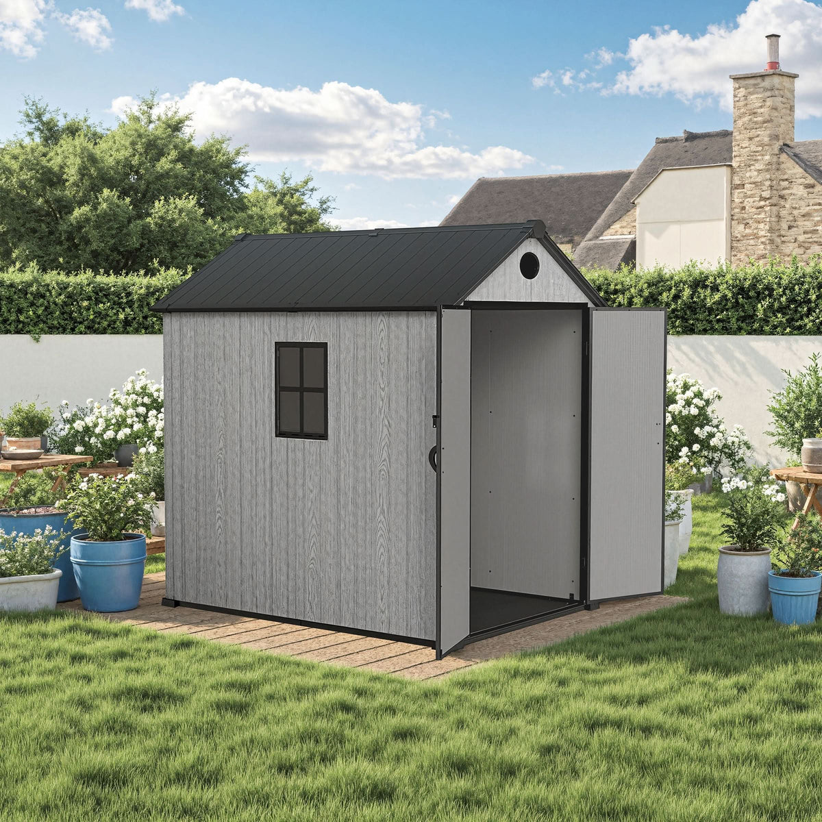 6'x8'ft/8'x8'ft/8'x12'ft/8'x16'ft Gray Wood Grain Plastic Tool Shed