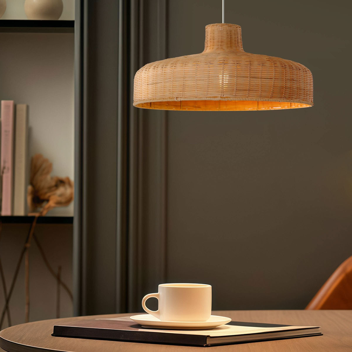 Lightsin Flat Teapot-Shaped Japanese Rattan Pendant Light – Natural Elegance