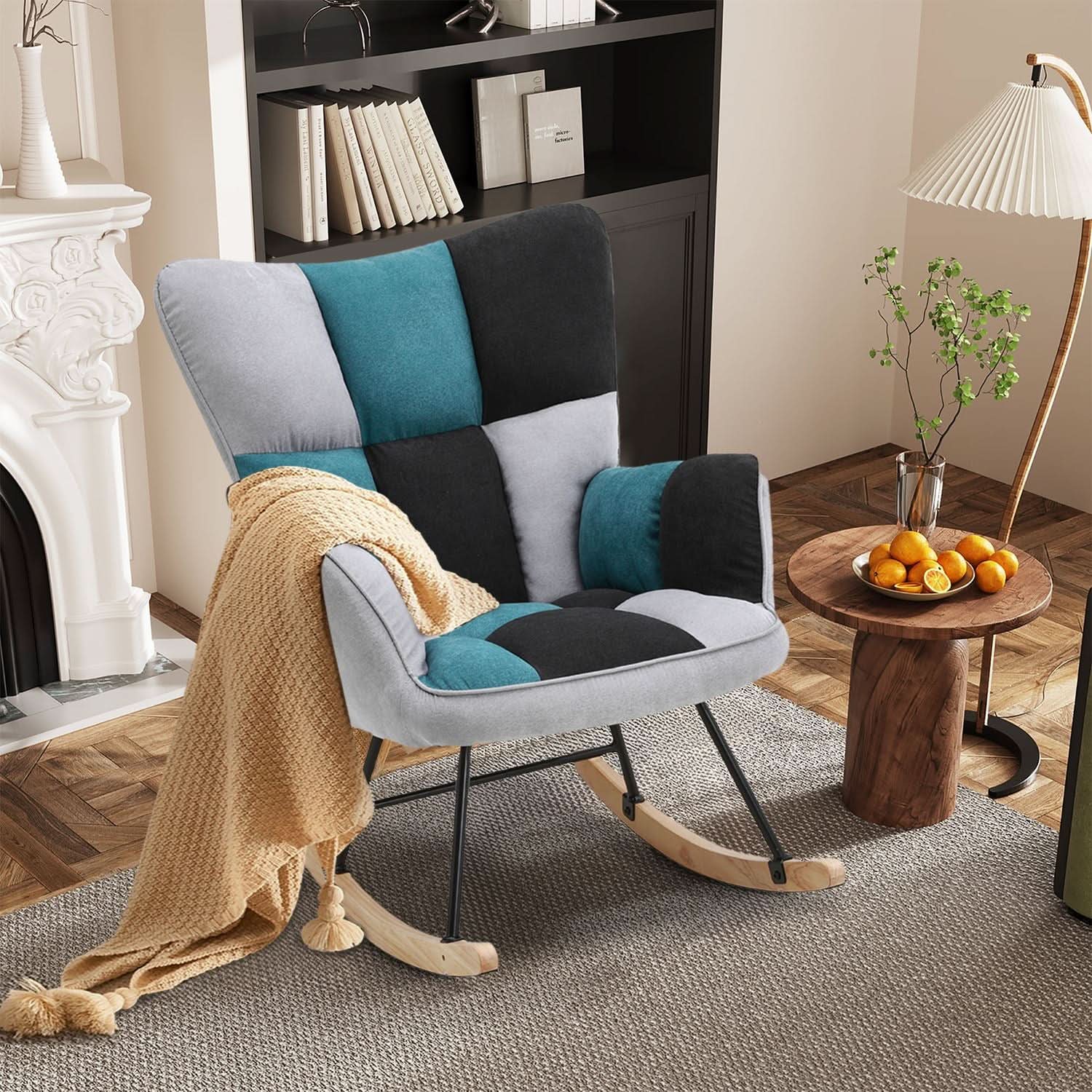 3ft Patchwork Upholstered Rocking Chair with Wooden Skates