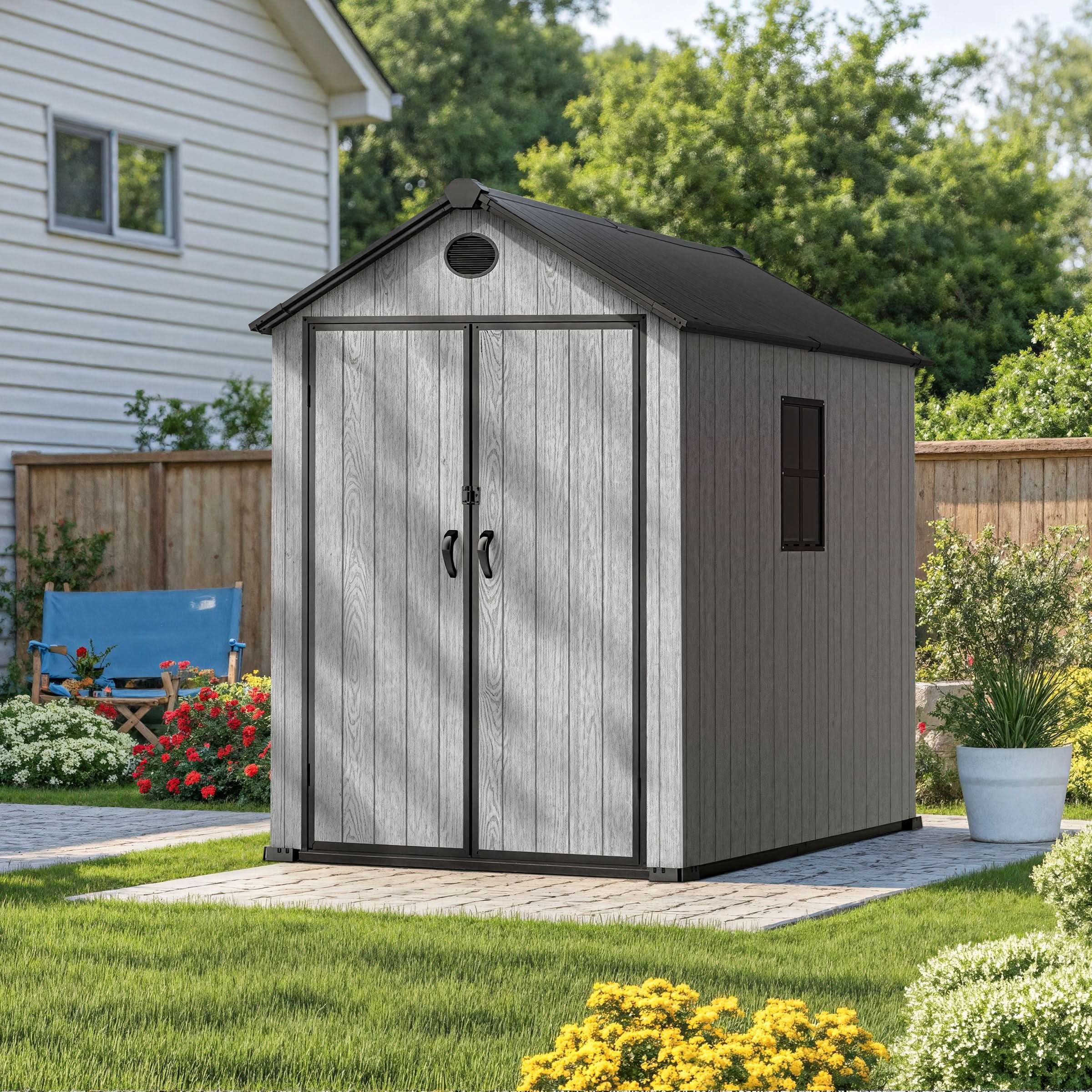 6'x8'ft/8'x8'ft/8'x12'ft/8'x16'ft Gray Wood Grain Plastic Tool Shed
