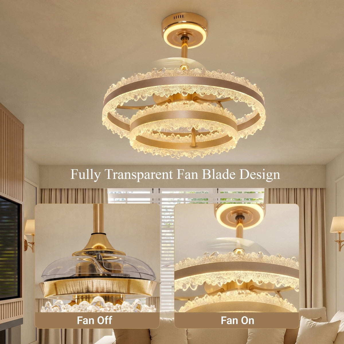 Lightsin Modern Gold Halo Ceiling Fan Light with Remote, 6 Speeds & 3 Colour Temperatures