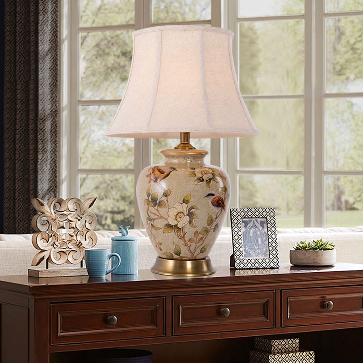 Lightsin Vintage Ceramic Bird-Pattern Table Lamp with Fabric Shade