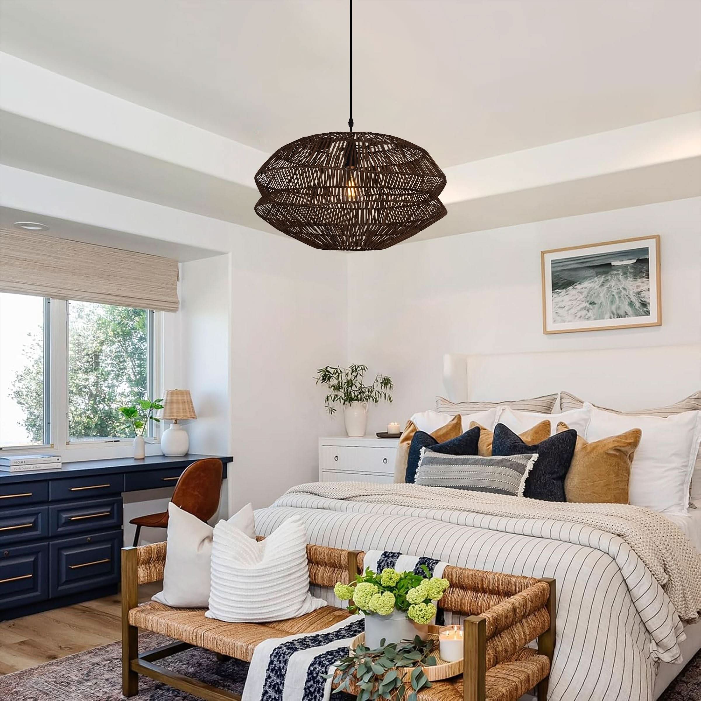 Lightsin Eco Friendly Rattan Pendant Light Handwoven Rustic Farmhouse Ceiling Light