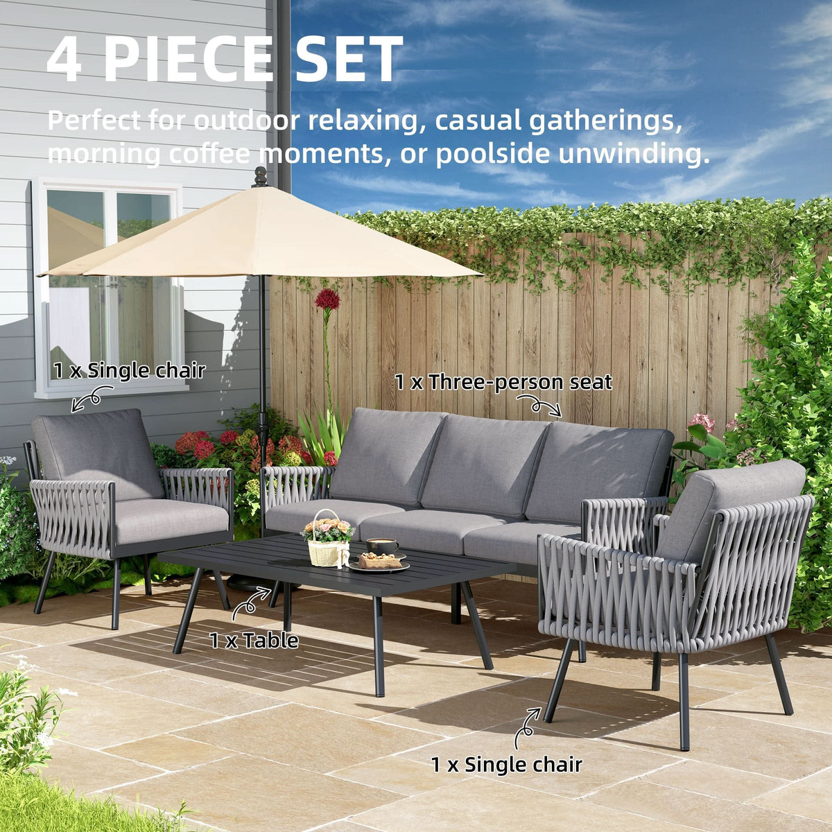 Outdoor Garden Furniture Set with Rope Weave and All Metal Frame 4 Piece Design