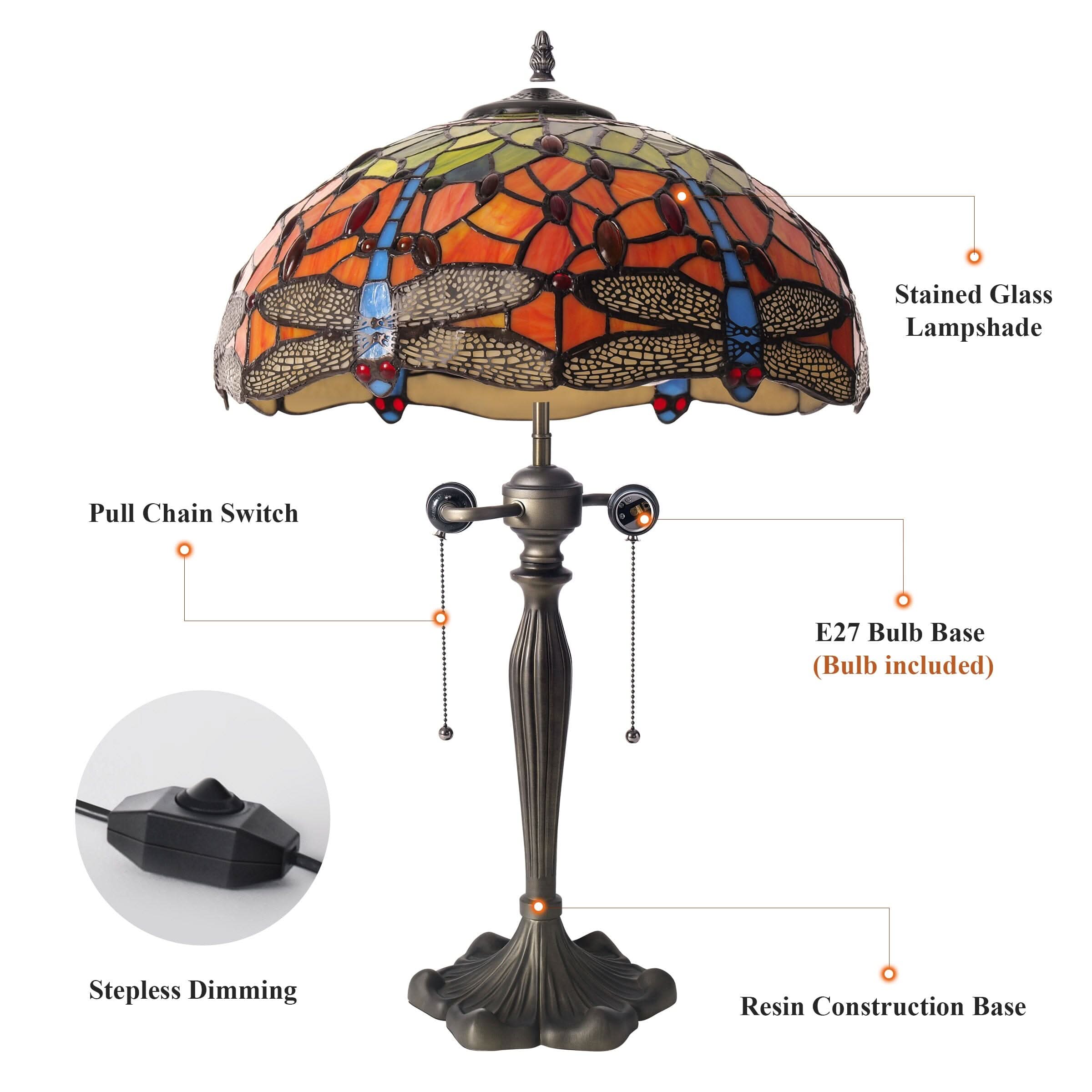 Lightsin Tiffany Table Lamp | Handcrafted Stained Glass Dragonfly Series Blue Dragonfly