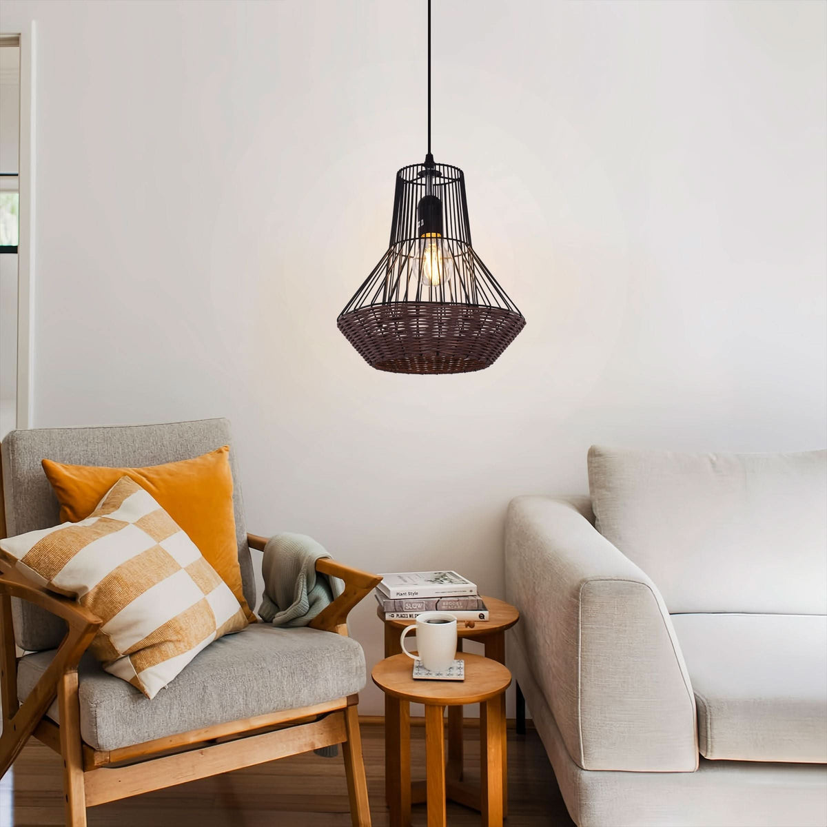Glyph-Lightsin Geometric Rattan and Iron Pendant Light for Dining, Kitchen, and Living Rooms