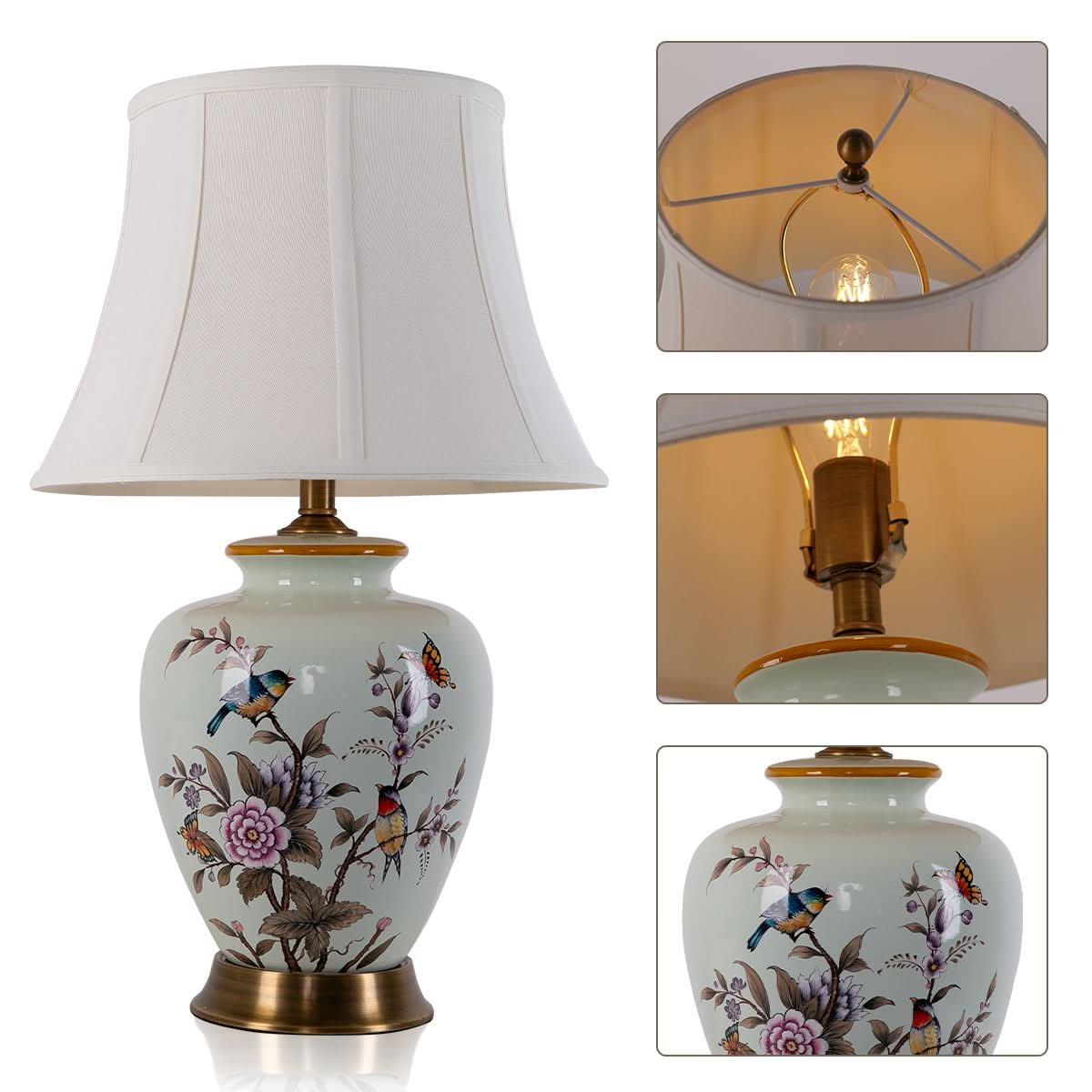 Lightsin Hand-Painted Vintage Ceramic Bird & Floral Table Lamp in Soft Celadon Green