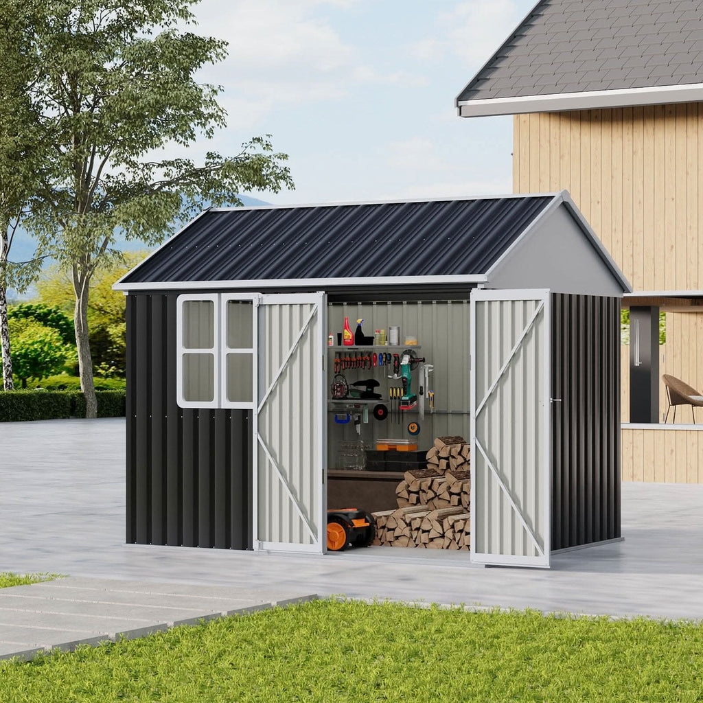 7X4ft/8.5X5.5ft/10x8ft Charcoal Black Storage Shed with Double Doors and Grid Window