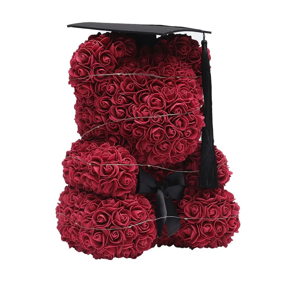Simulation Foam Forever Rose Teddy Bear Gift Box-Black Tassel Black Hat-Wine Red