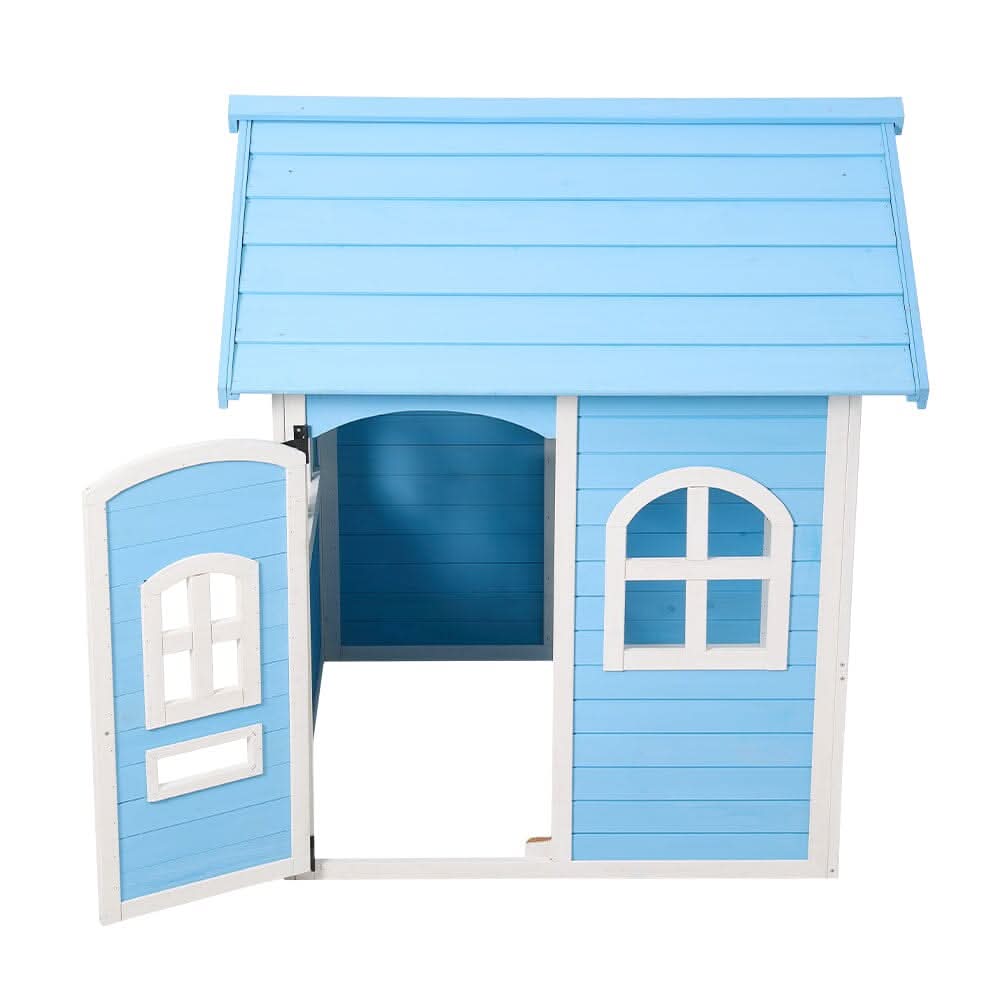 Blue Wooden Playhouse for Kids with Doors & Windows – Polished Fir Wood, Easy Assembly