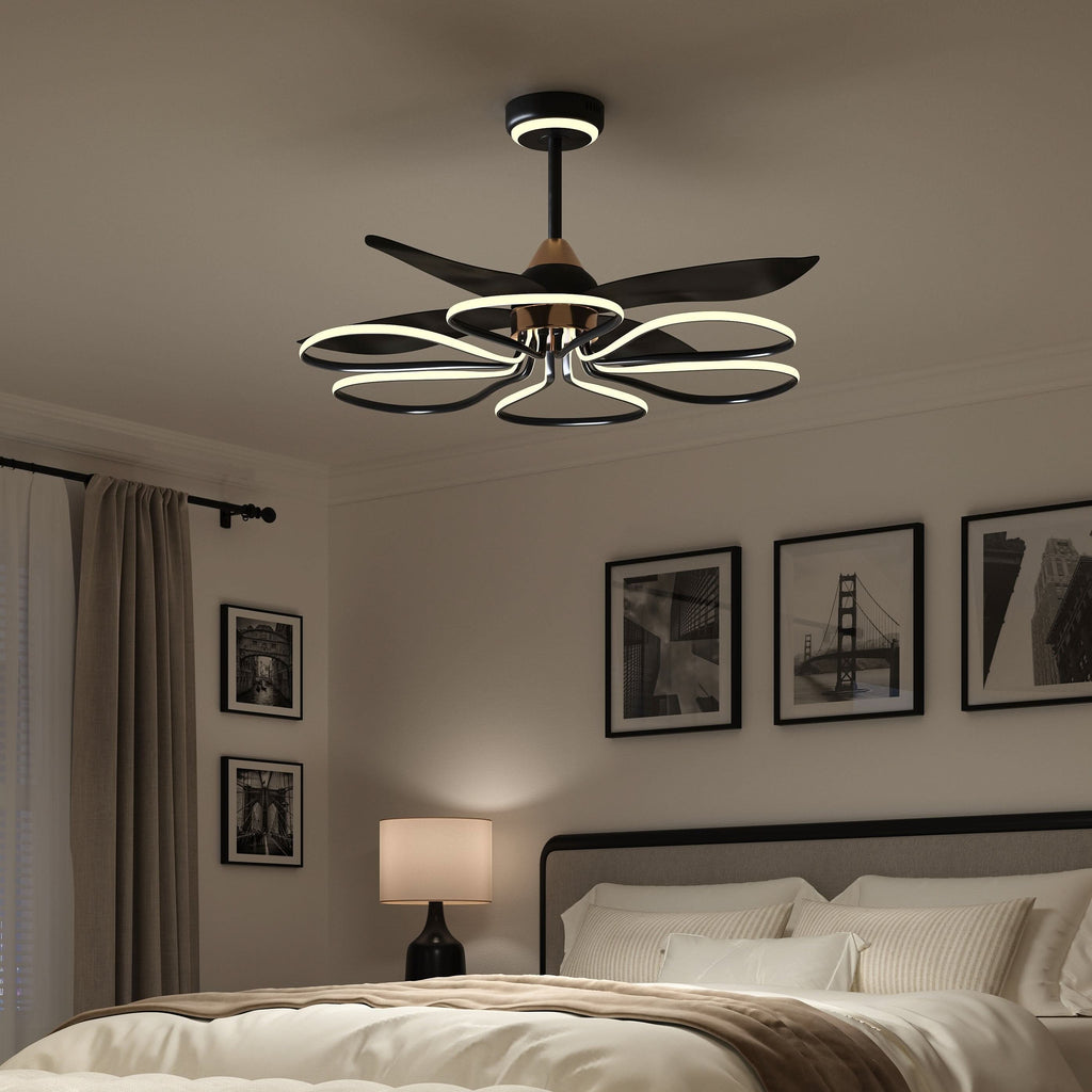 Lightsin 36-inch Black Modern Petal LED Ceiling Fan with Light - 6-Speed with Remote Control