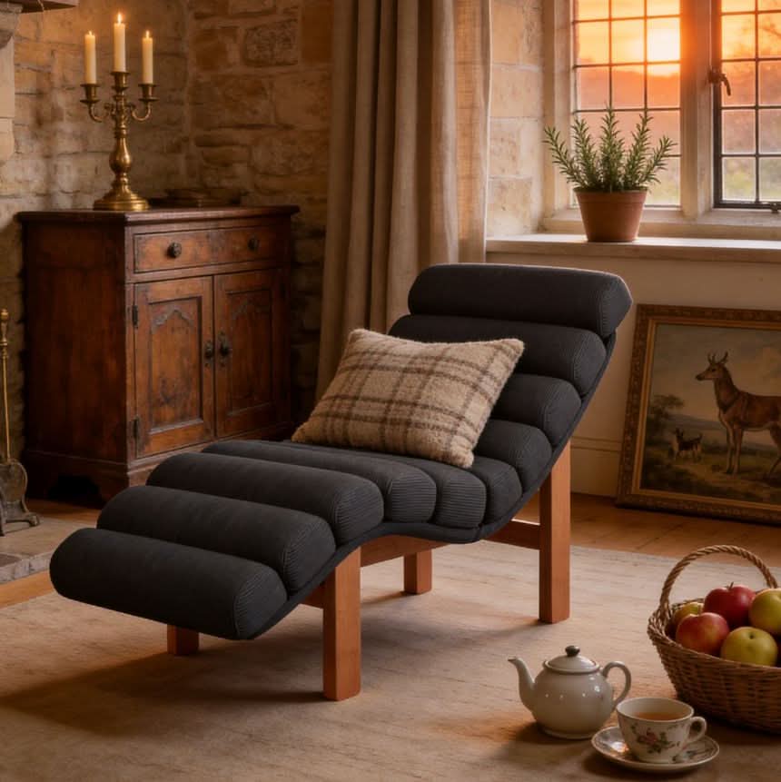 Cottonfy Modern Ergonomic Corduroy Chaise Lounge with Natural Wooden Frame