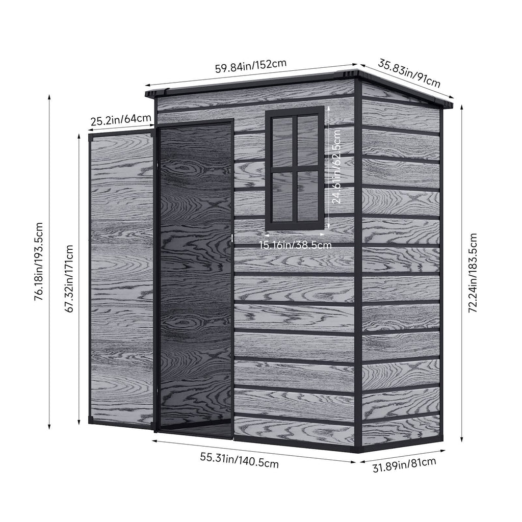 5x3ft / 5x4ft Plastic Garden Storage Shed with Front and Size Door for Bikes and Tools