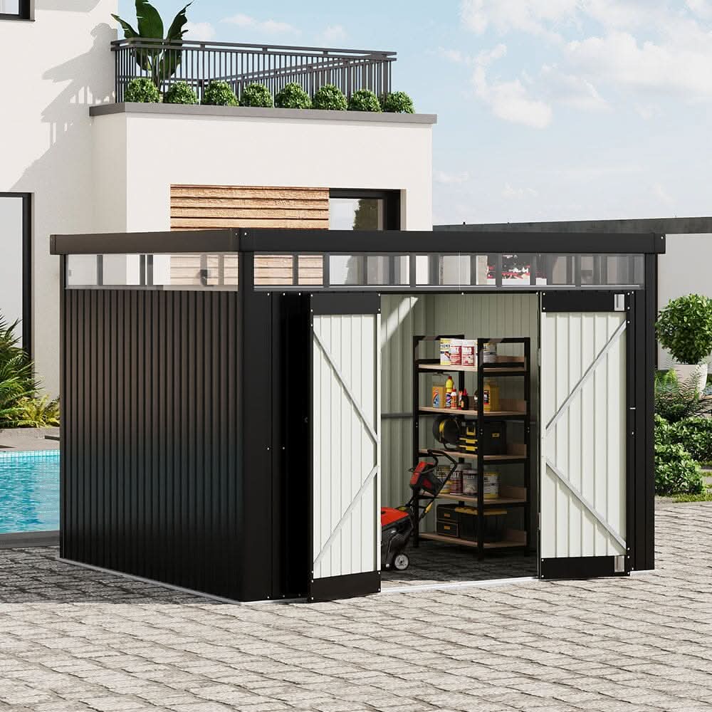 2x2.6x2m/1.6x2.6x2m/2.6x3x2m/4x3x2m Charcoal Black Galvanized Steel Storage Shed with Double/Single Lockable Doors
