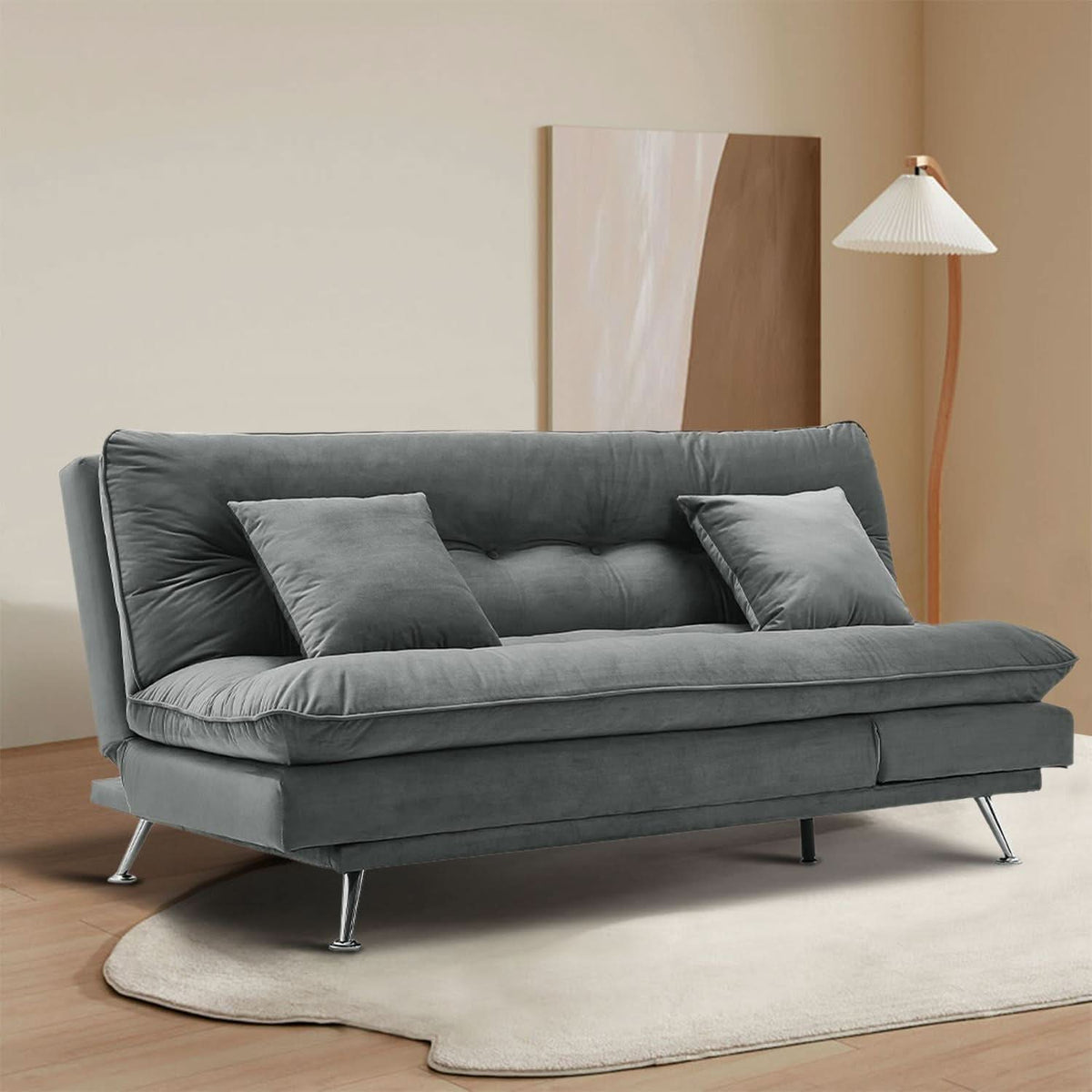 Modern 3-Seater Linen Fabric Sofa Bed with Cushions and 2 Pillows