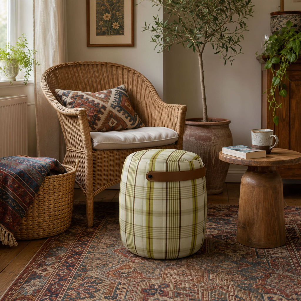 Haven British Check Round Pouffe Footstool with Leather Handle
