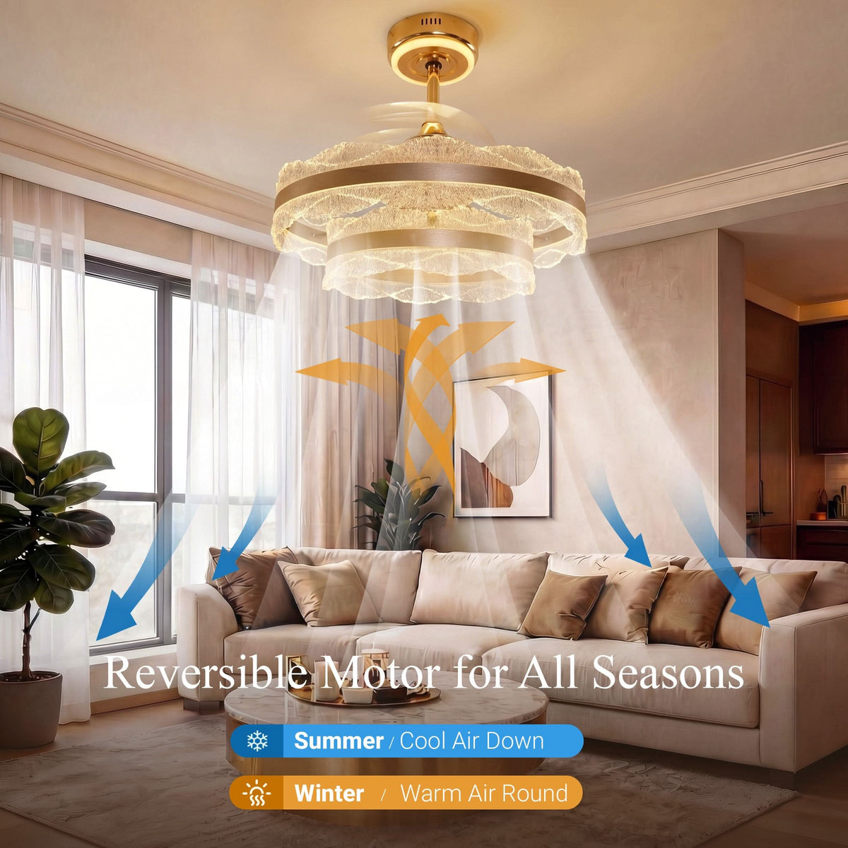 Lightsin Luxury Gold Frame LED Ceiling Fan Light with Retractable Blades