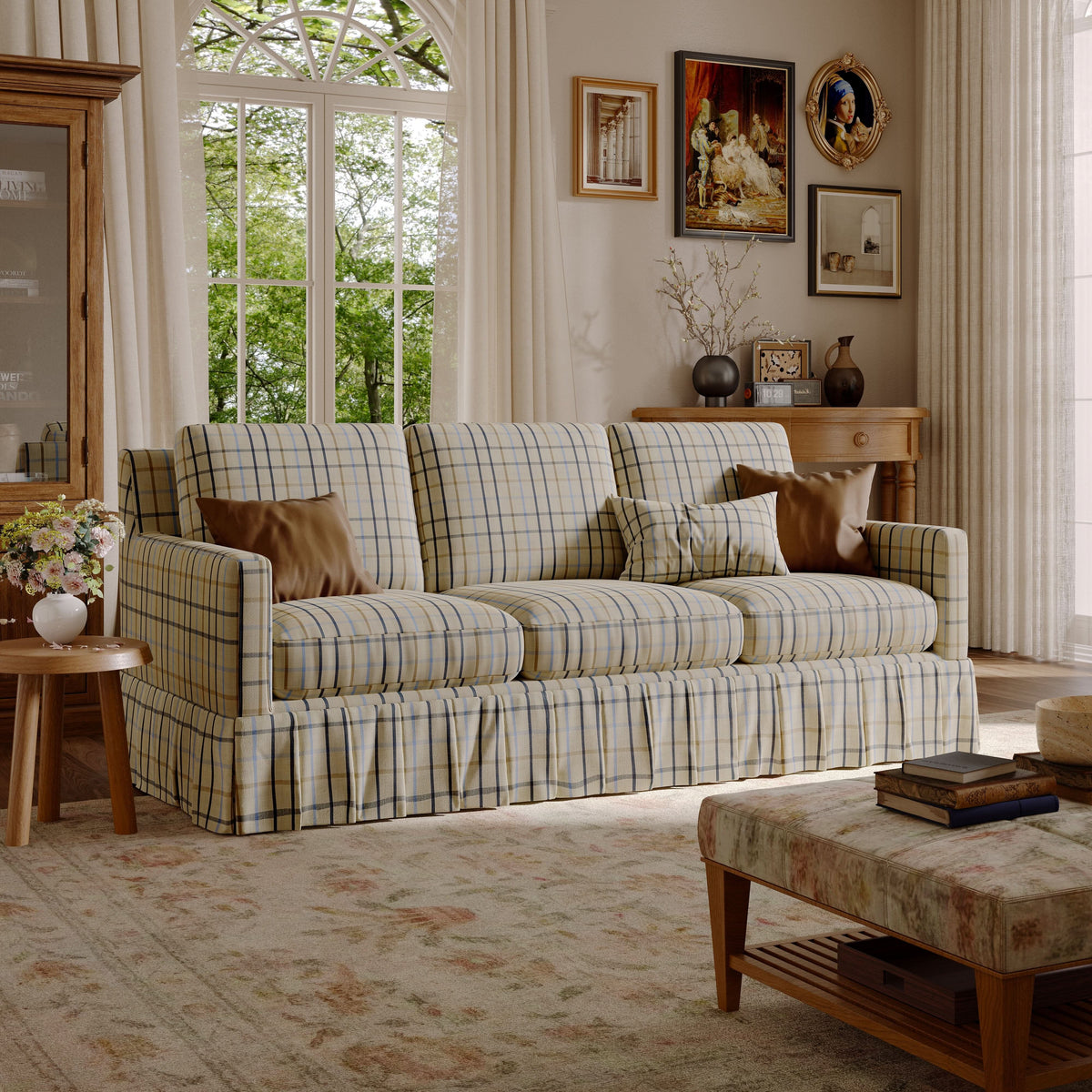 Cottonfy Blue Gingham Sofa with Skirted Base