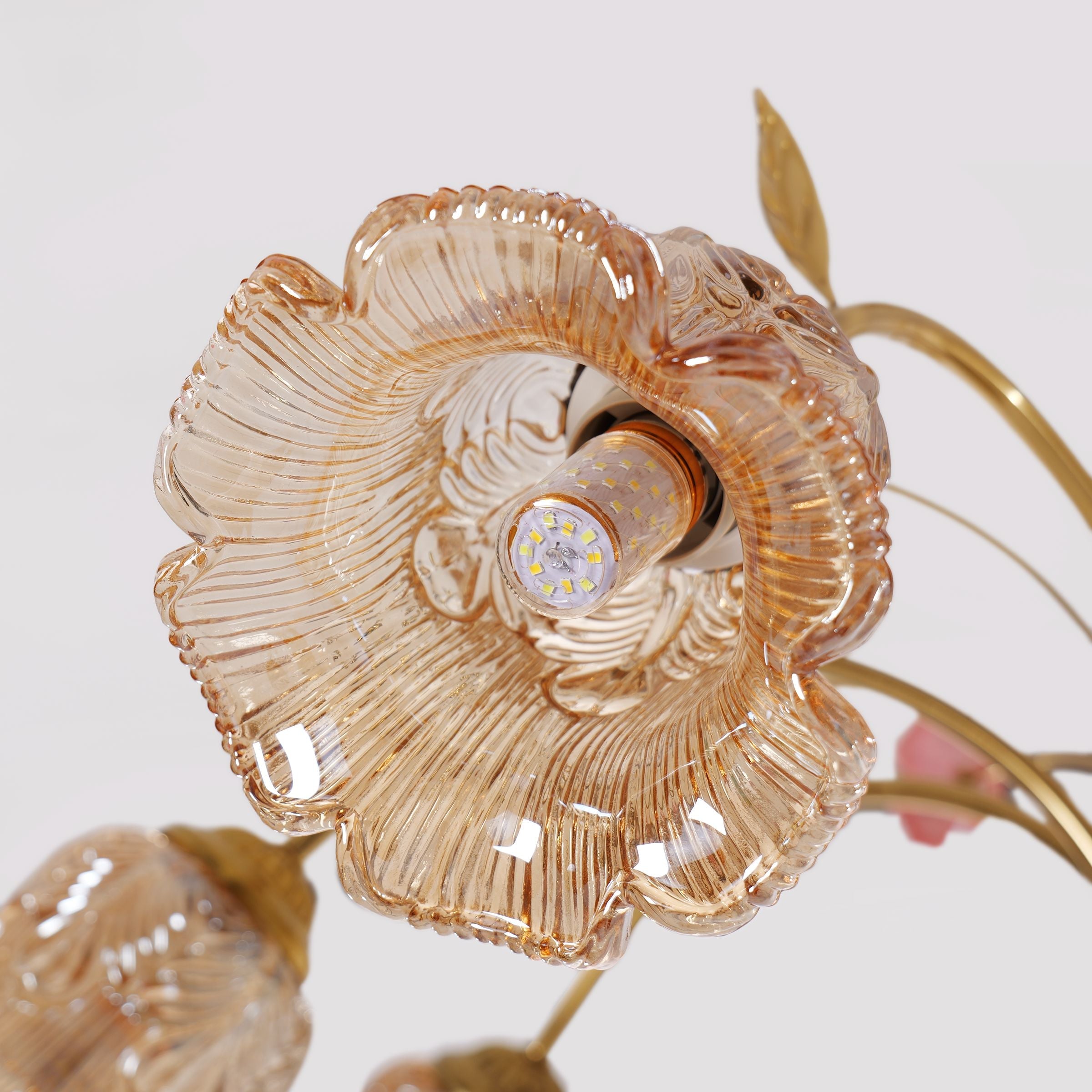 8-Light Gold Vintage Pink Floral Glass Chandelier | E27 Ceiling Lamp