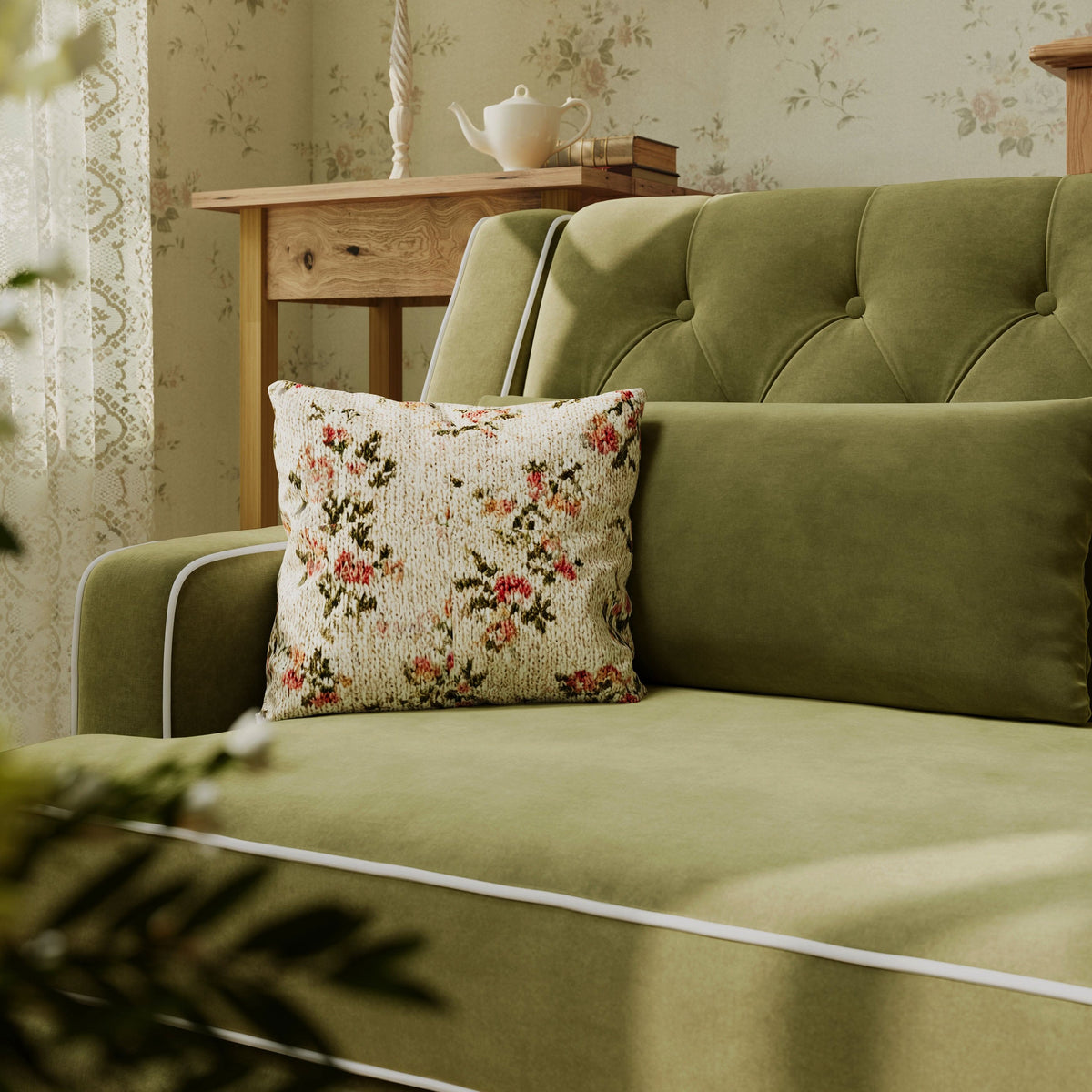 Cottonfy Fringe Skirt Sofa Velvet Linen Comfort Relaxed Living Olive Green Velvet