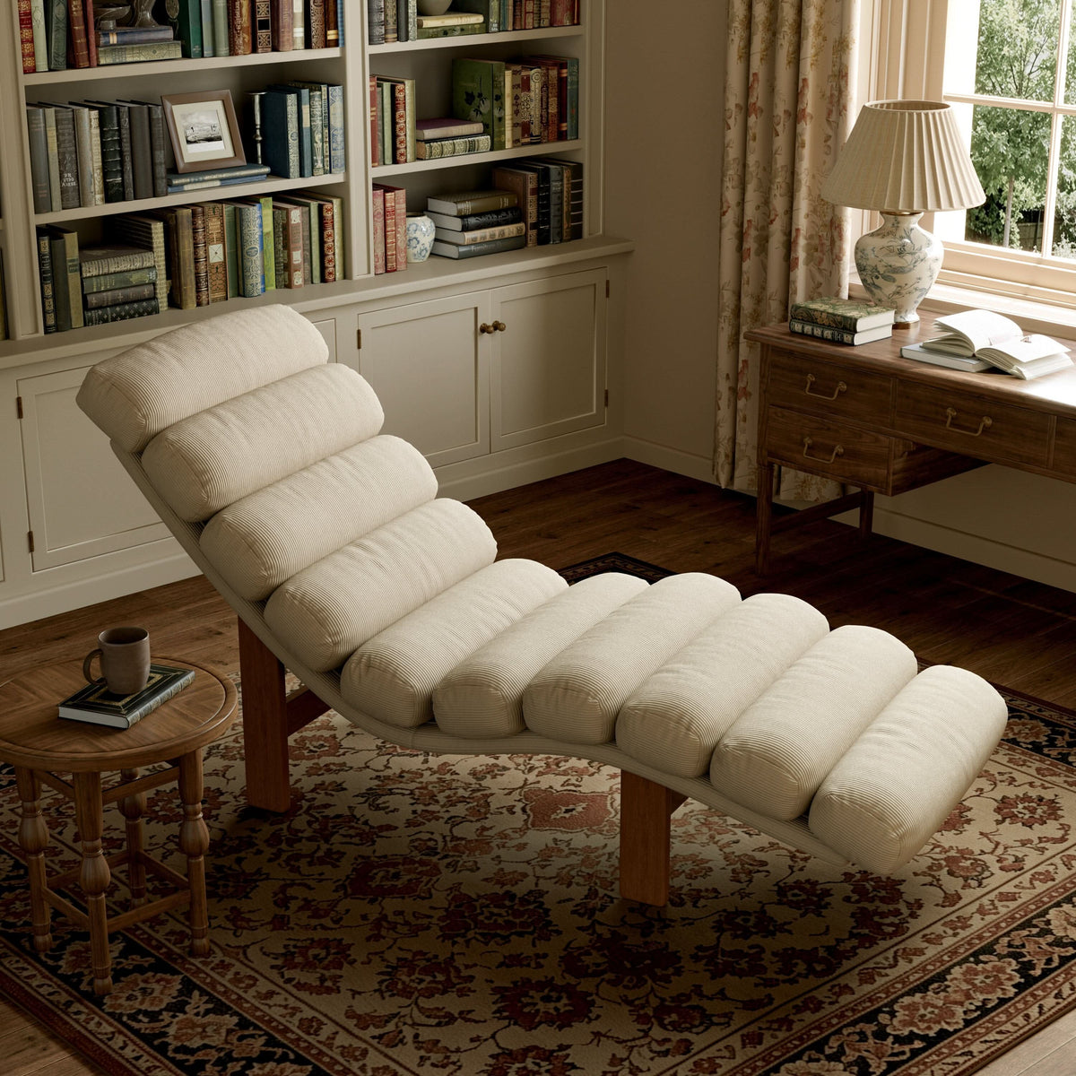 Cottonfy Modern Ergonomic Corduroy Chaise Lounge with Natural Wooden Frame
