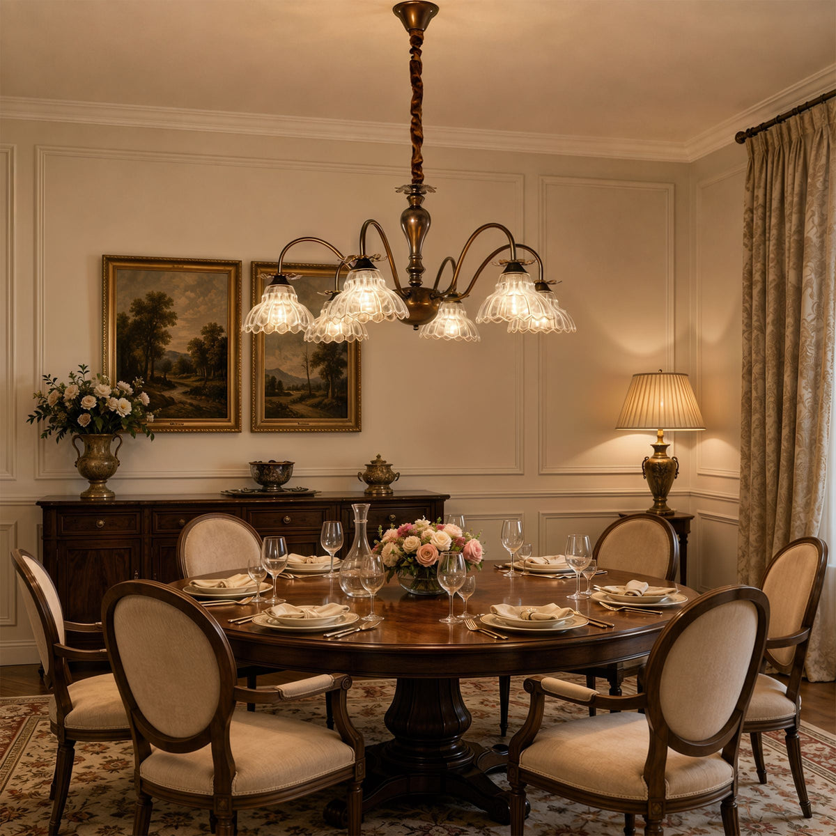 6-Light Gold Vintage Floral Glass Chandelier | E14 Ceiling Lamp