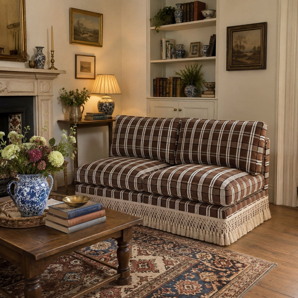 Armless Sofa with Fringed Trim and Removable Covers