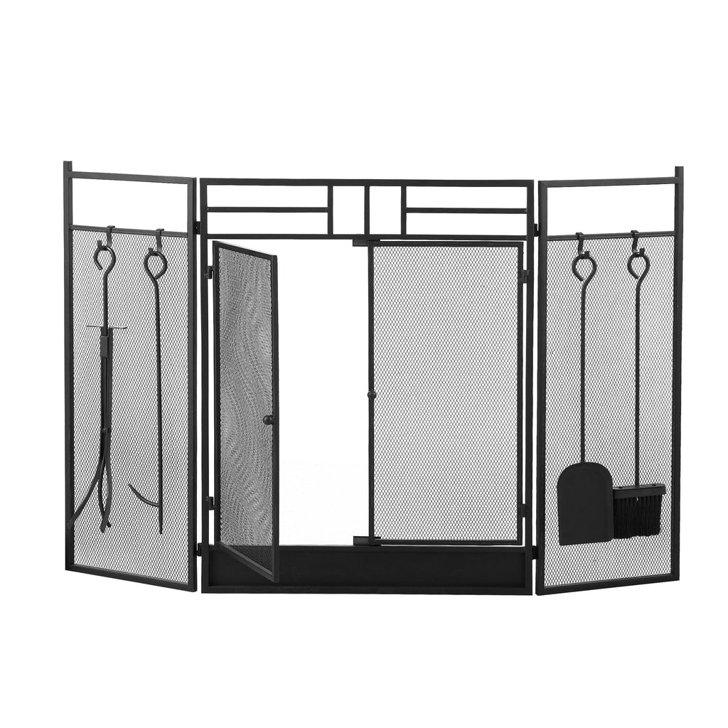 Smallbee Iron Fireplace Screen with 4-Piece Tool Set - Black Powder-Coated 122x1.3x80cm