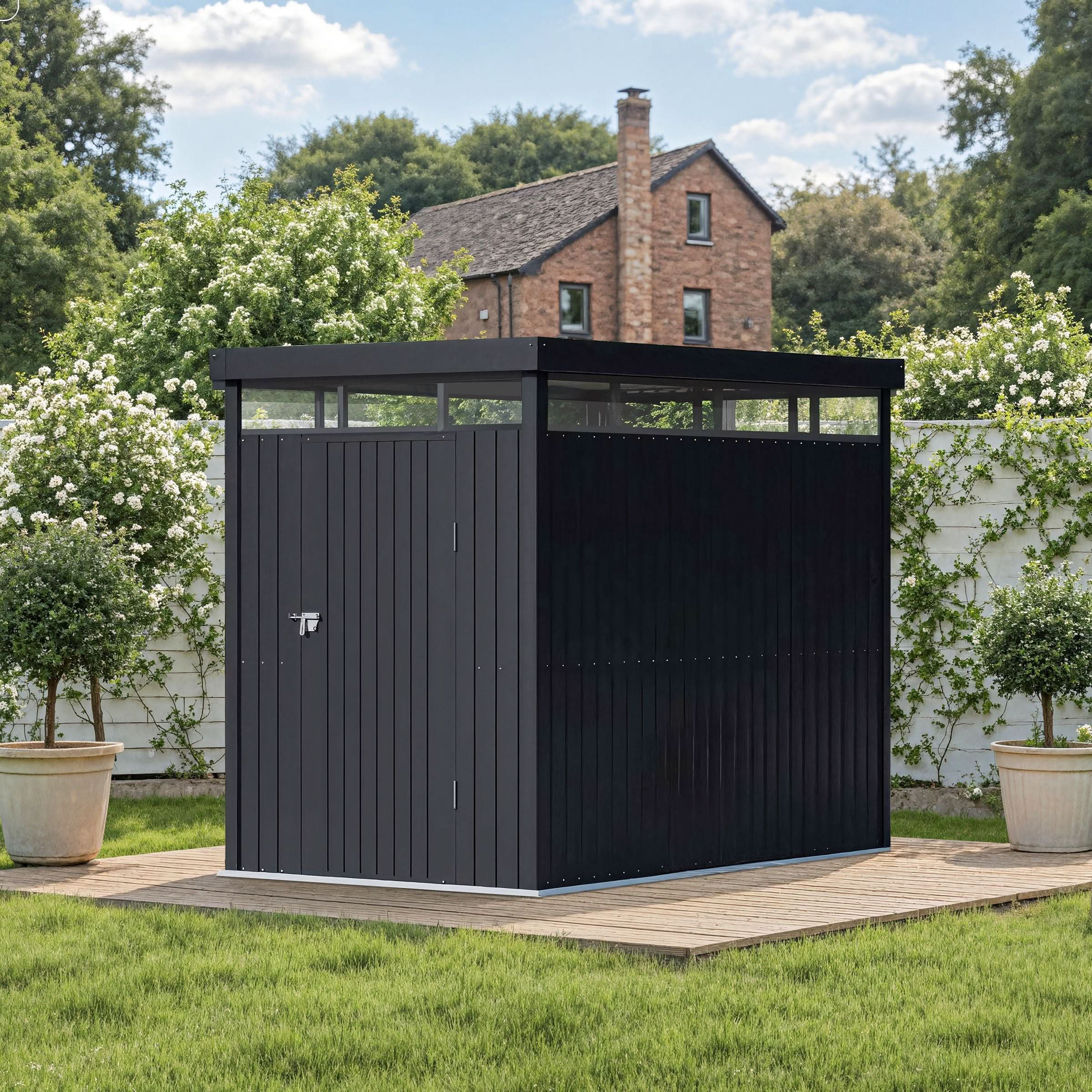 2x2.6x2m/1.6x2.6x2m/2.6x3x2m/4x3x2m Charcoal Black Galvanized Steel Storage Shed with Double/Single Lockable Doors