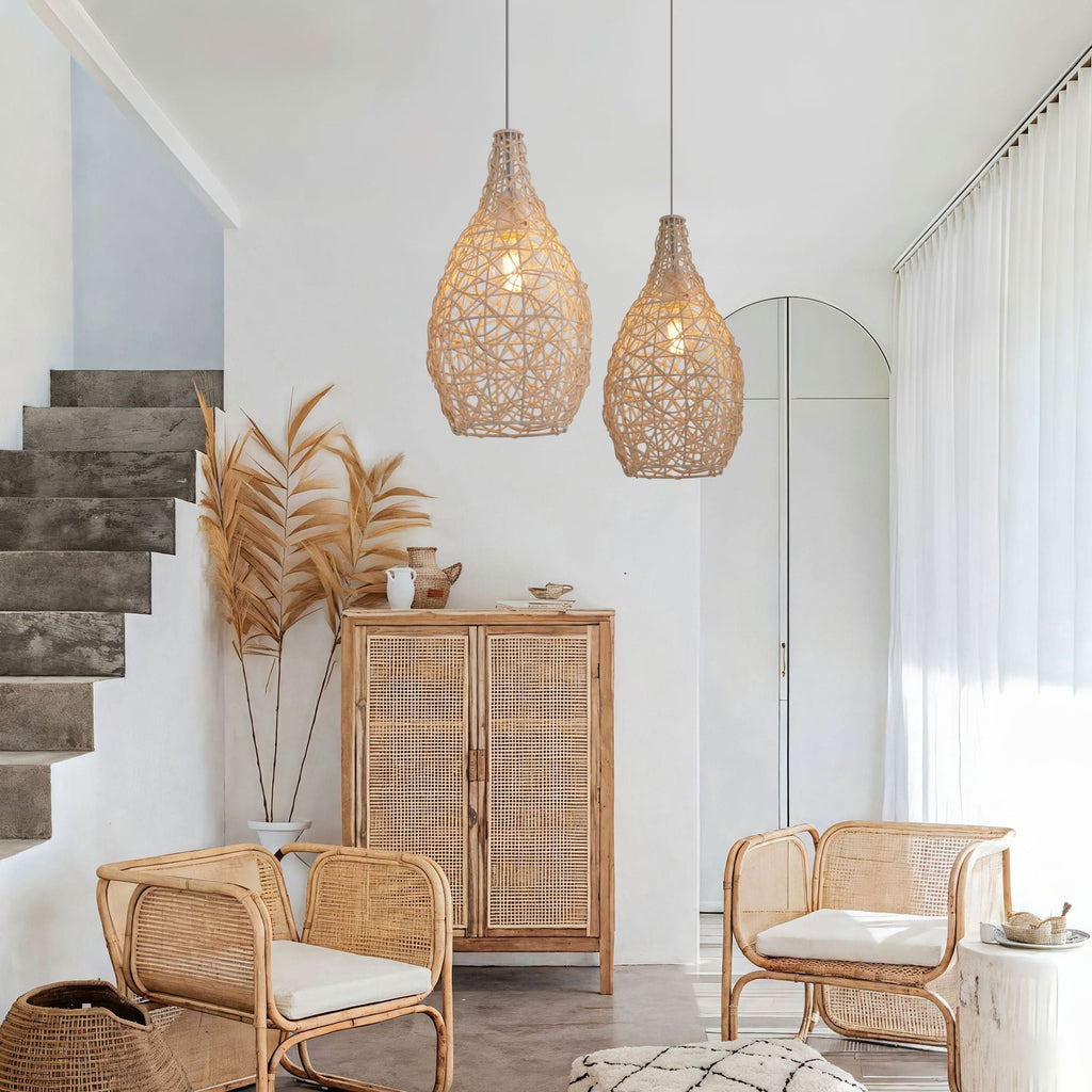 Lightsin Natural Rattan and Bamboo Pendant Light with Iron Frame