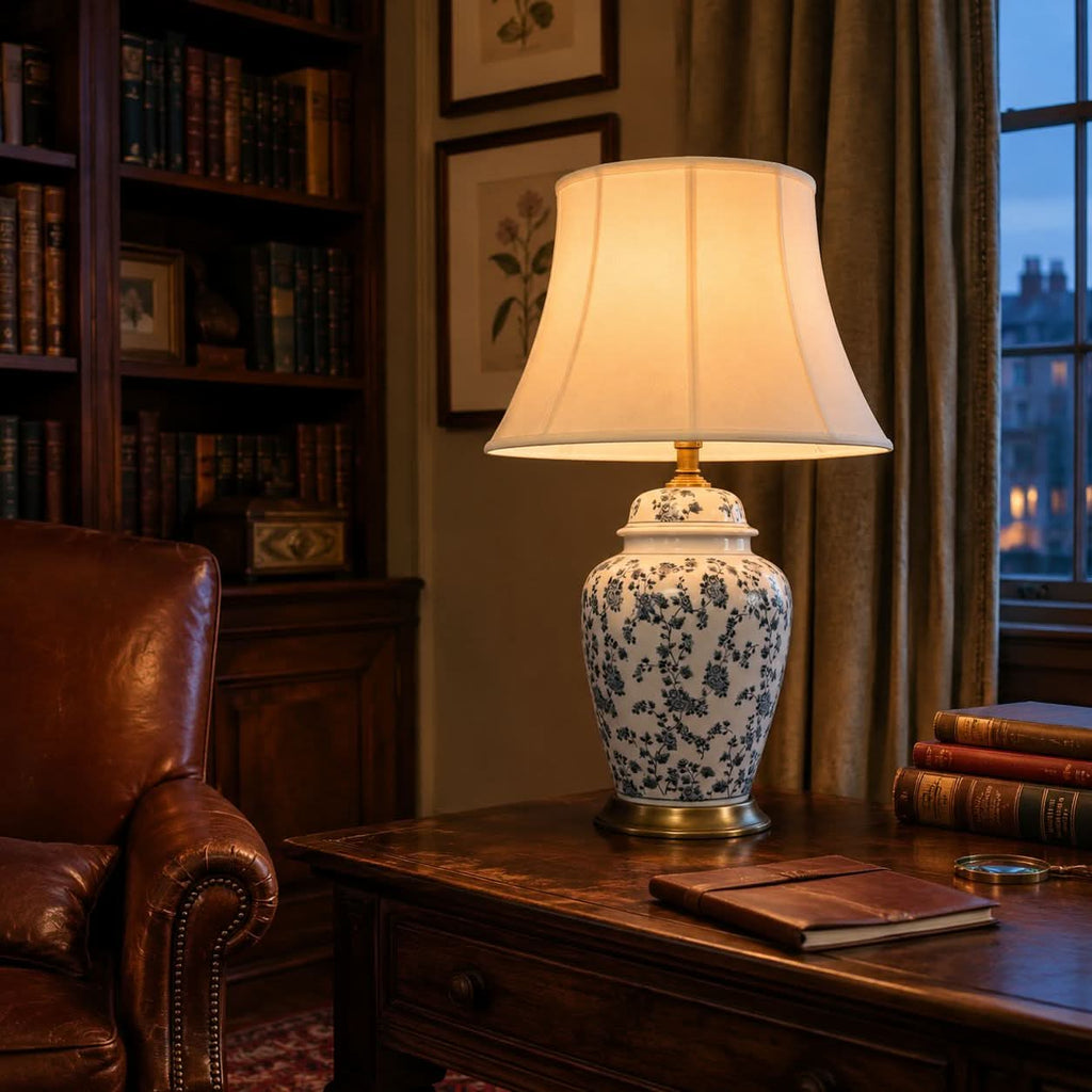 Lightsin Blue Floral Ceramic Table Lamp with Fabric Shade and Brass Base