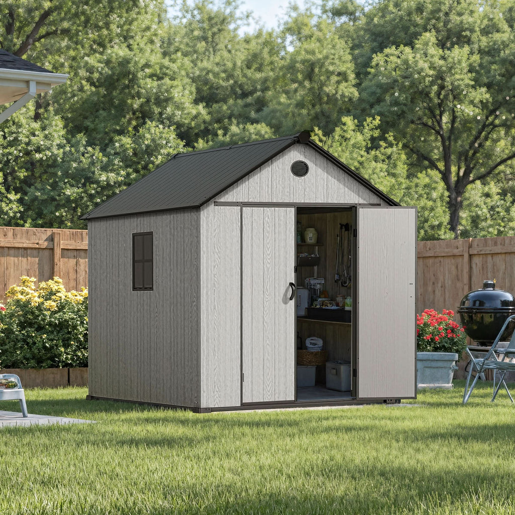 6'x8'ft/8'x8'ft/8'x12'ft/8'x16'ft Gray Wood Grain Plastic Tool Shed