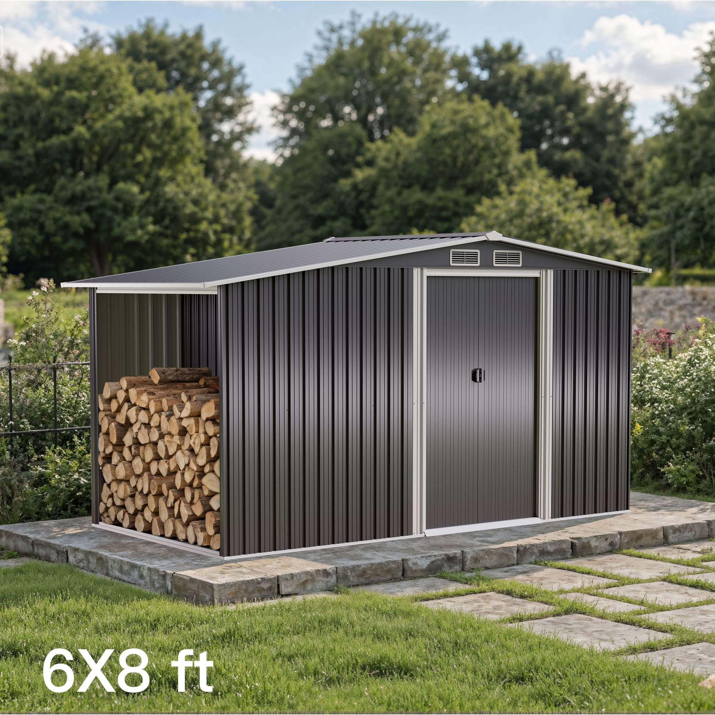 4×8/ 6×8 / 8×8/ 10×8ft Steel Garden Storage Bike Shed with Gable Roof Top Air Circulation Design