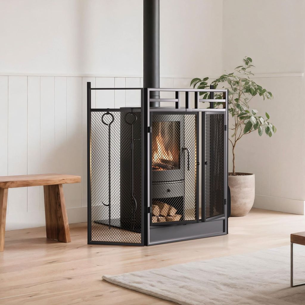 Smallbee Iron Fireplace Screen with 4-Piece Tool Set - Black Powder-Coated 122x1.3x80cm
