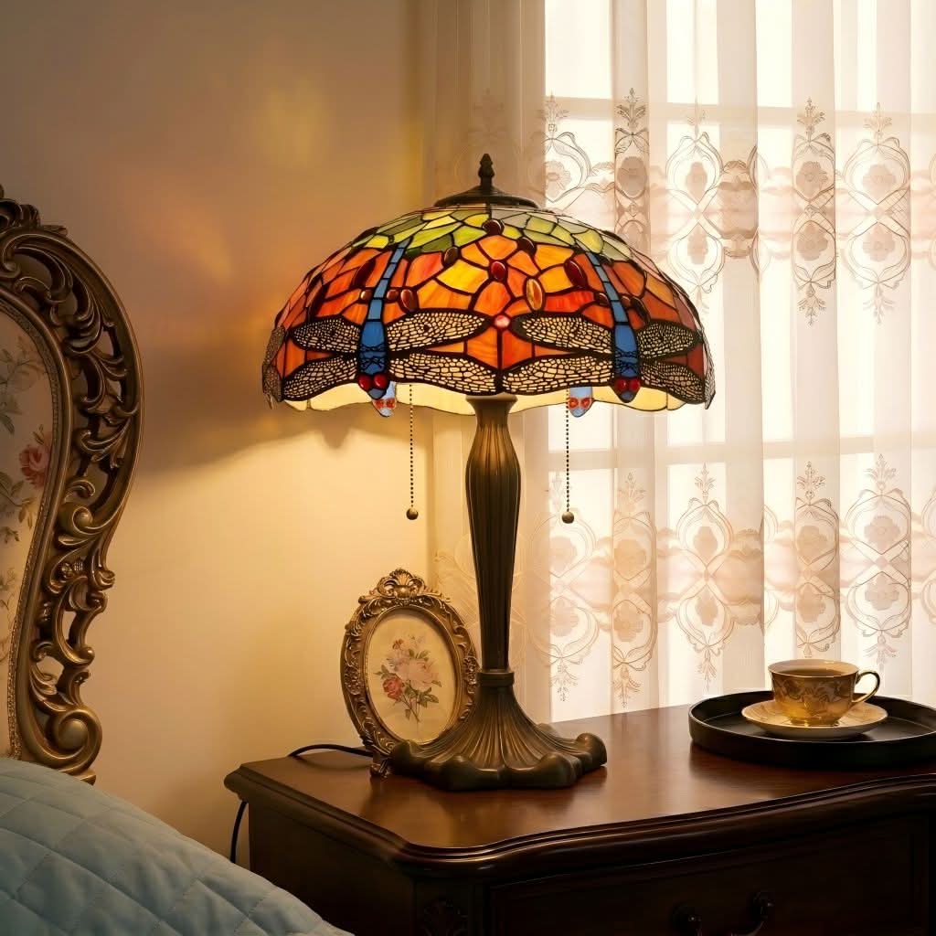 Lightsin Tiffany Table Lamp | Handcrafted Stained Glass Dragonfly Series Blue Dragonfly
