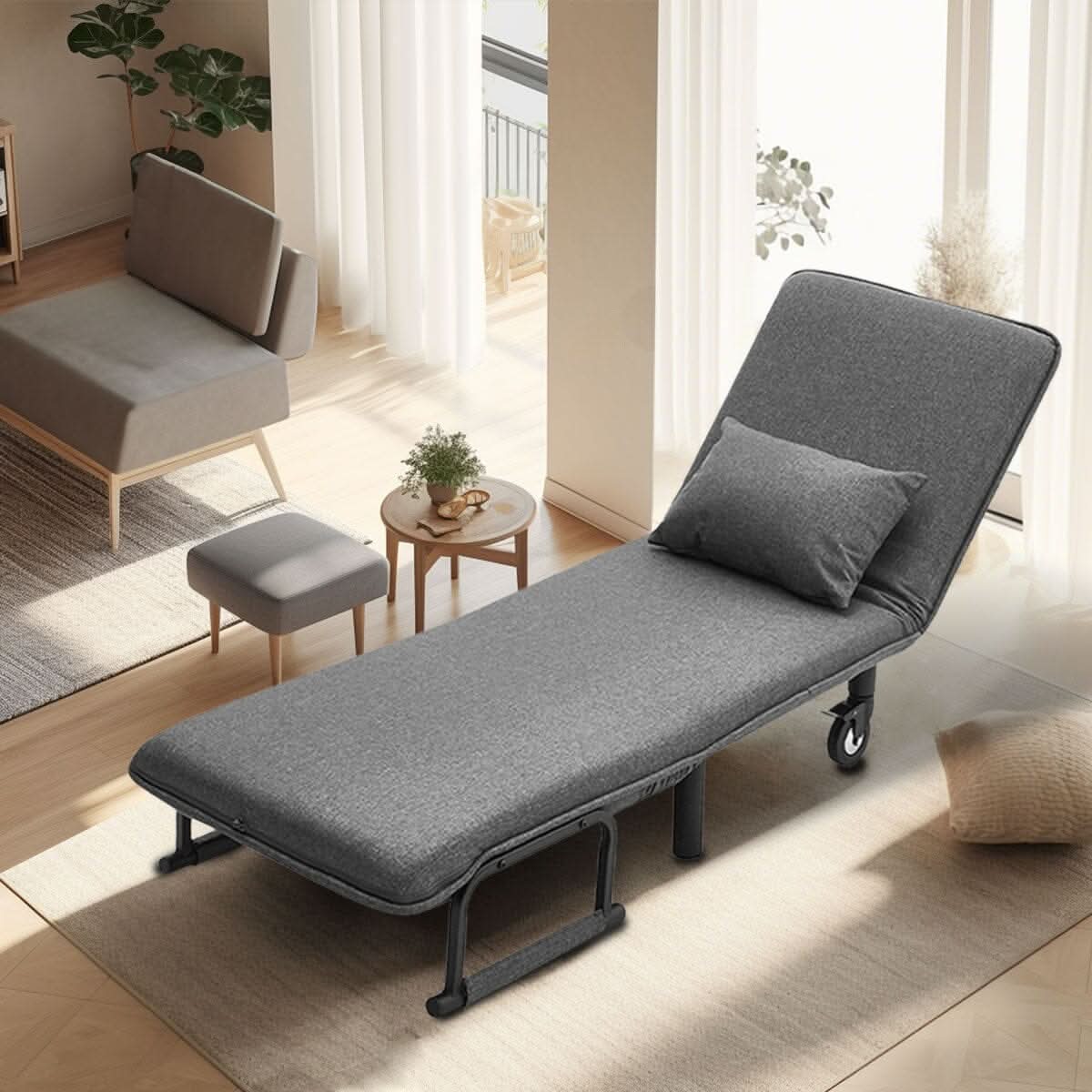 Grey/Khaki Upholstered Single Sleeper Chair Convertible Sofa Bed with Metal Legs